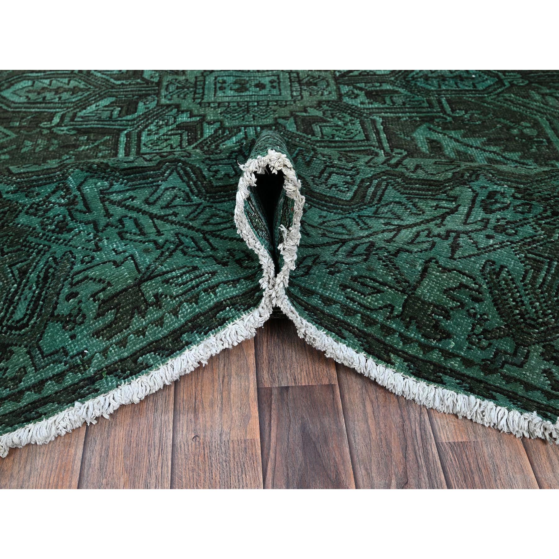 6'4"x8'9" Hunter Green, Overdyed Vintage Persian Heriz with Large Medallion, Worn and Distressed, Shaved Low, Sides and Ends Professionally Secured, Hand Knotted, 100% Wool, Oriental Rug Sh1281