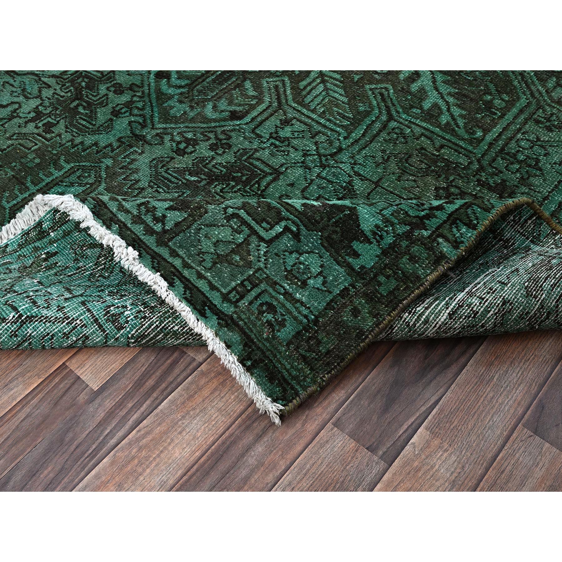 6'4"x8'9" Hunter Green, Overdyed Vintage Persian Heriz with Large Medallion, Worn and Distressed, Shaved Low, Sides and Ends Professionally Secured, Hand Knotted, 100% Wool, Oriental Rug Sh1281