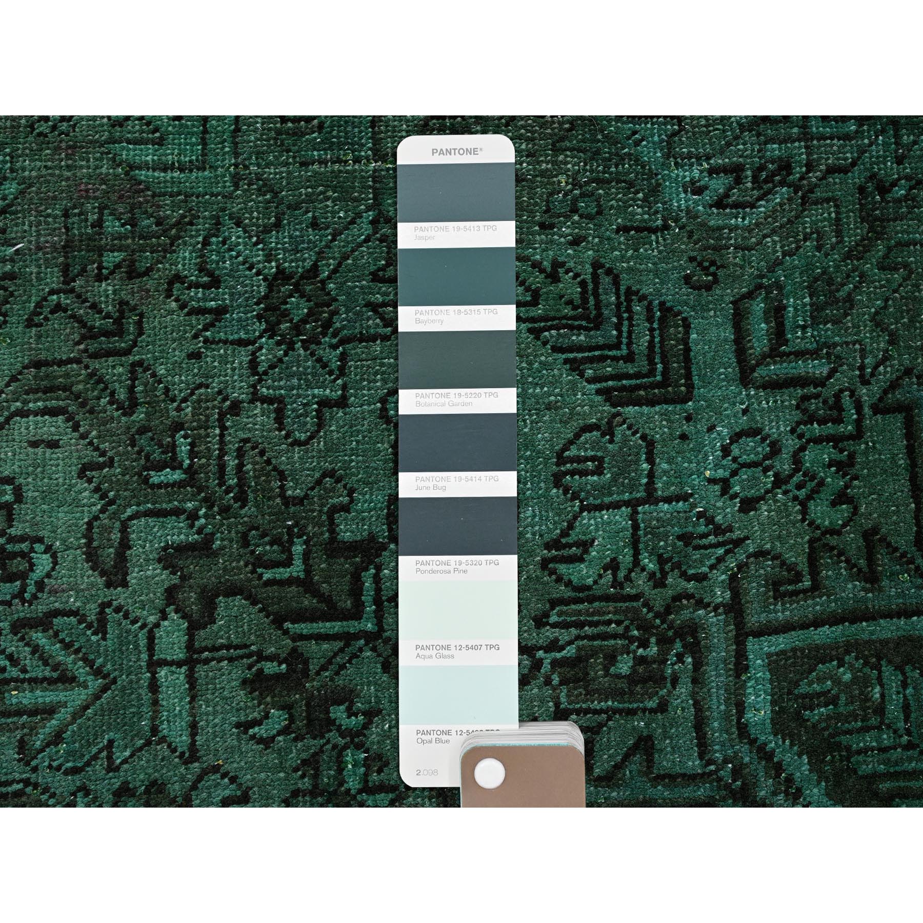 6'4"x8'9" Hunter Green, Overdyed Vintage Persian Heriz with Large Medallion, Worn and Distressed, Shaved Low, Sides and Ends Professionally Secured, Hand Knotted, 100% Wool, Oriental Rug Sh1281