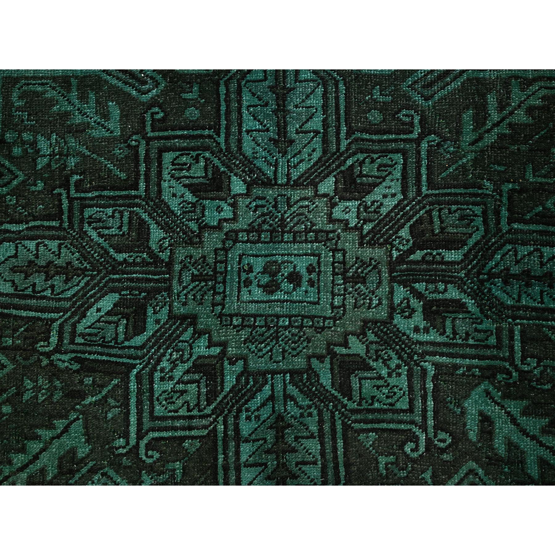 6'4"x8'9" Hunter Green, Overdyed Vintage Persian Heriz with Large Medallion, Worn and Distressed, Shaved Low, Sides and Ends Professionally Secured, Hand Knotted, 100% Wool, Oriental Rug Sh1281