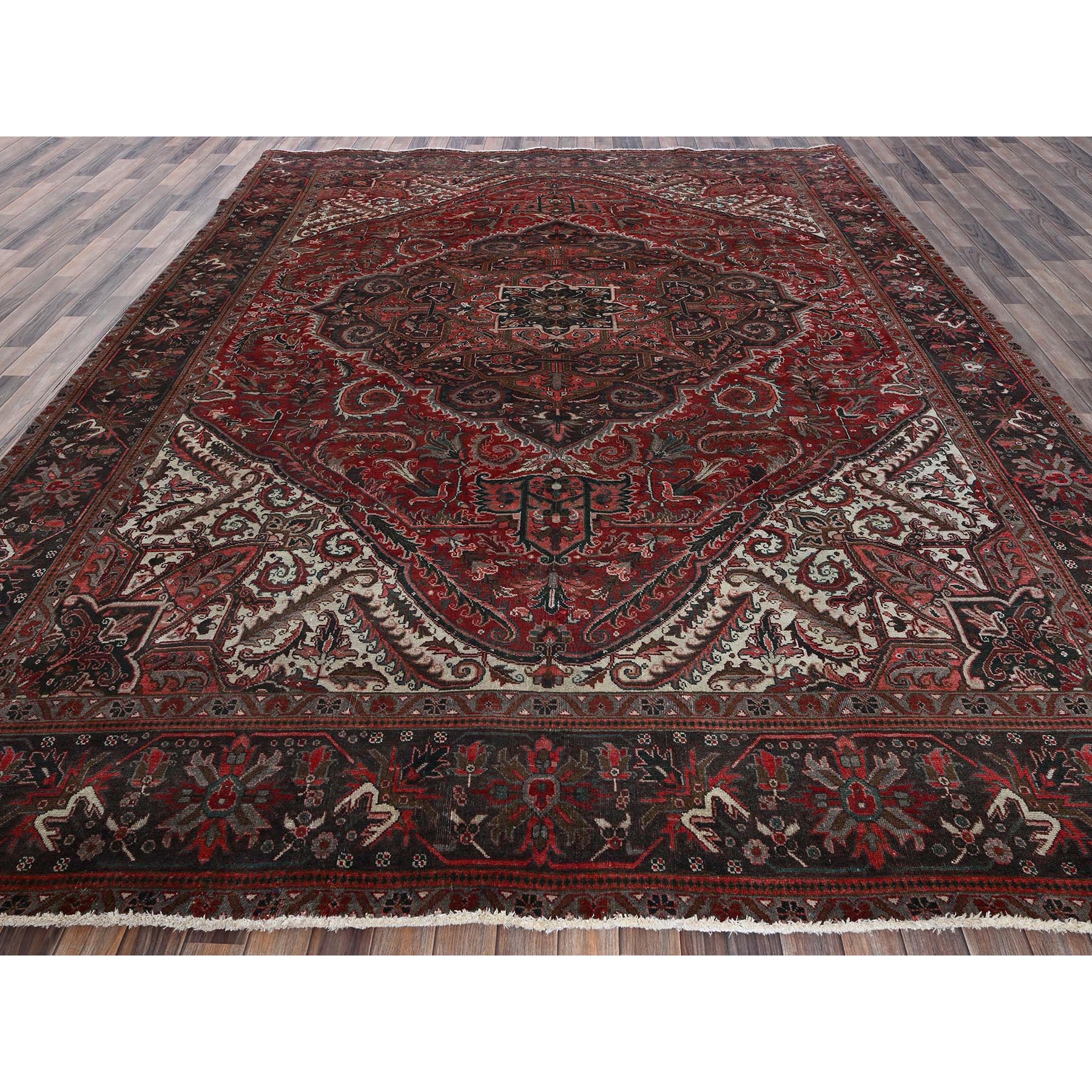 10'x12'3" Berry Red, Vintage and Worn, Persian Heriz with Large Medallion Design, Shaved Down, Sides and Ends Professionally Secured, Clean, Hand Knotted, 100% Wool, Oriental Rug Sh1284