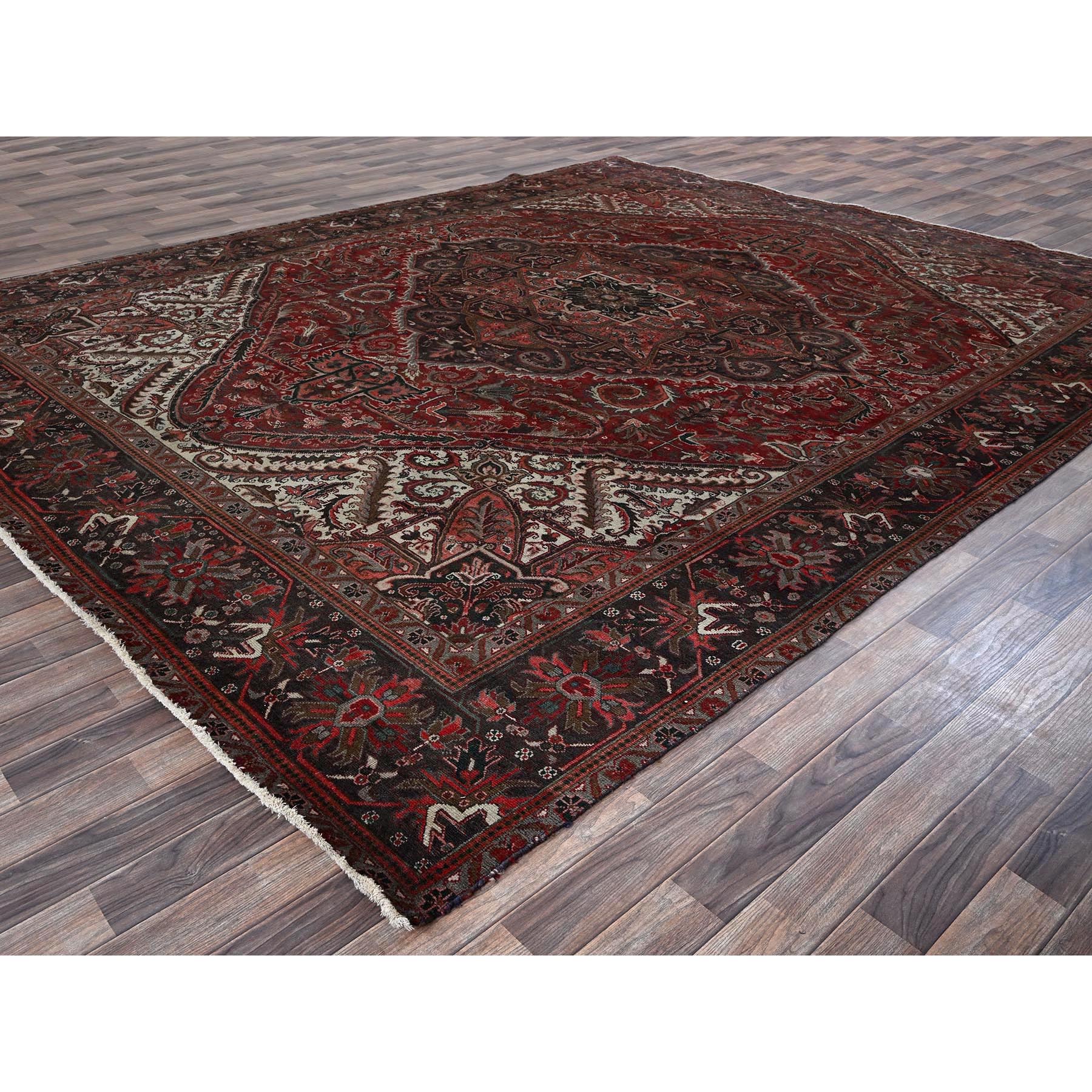 10'x12'3" Berry Red, Vintage and Worn, Persian Heriz with Large Medallion Design, Shaved Down, Sides and Ends Professionally Secured, Clean, Hand Knotted, 100% Wool, Oriental Rug Sh1284