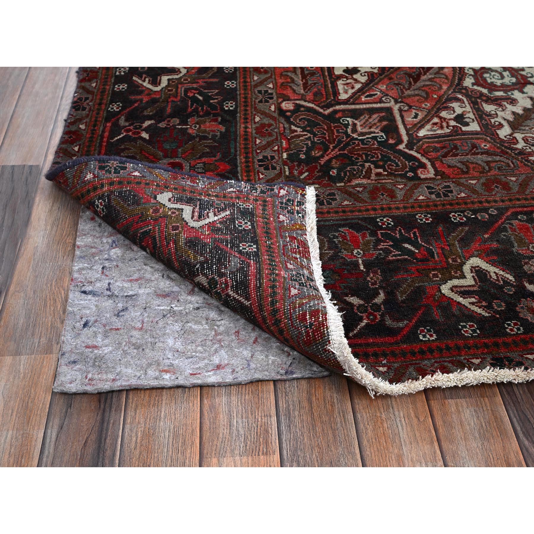 10'x12'3" Berry Red, Vintage and Worn, Persian Heriz with Large Medallion Design, Shaved Down, Sides and Ends Professionally Secured, Clean, Hand Knotted, 100% Wool, Oriental Rug Sh1284