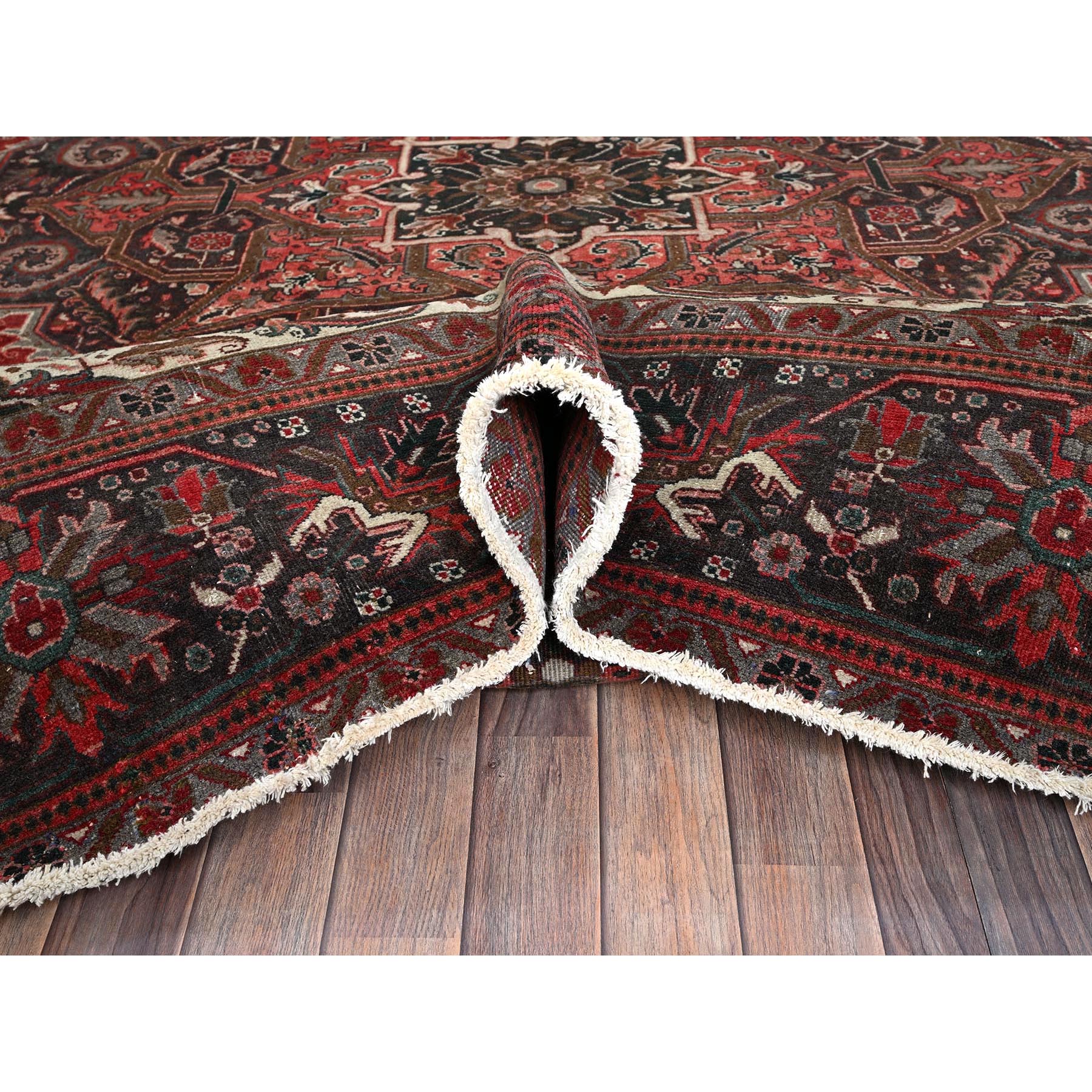 10'x12'3" Berry Red, Vintage and Worn, Persian Heriz with Large Medallion Design, Shaved Down, Sides and Ends Professionally Secured, Clean, Hand Knotted, 100% Wool, Oriental Rug Sh1284