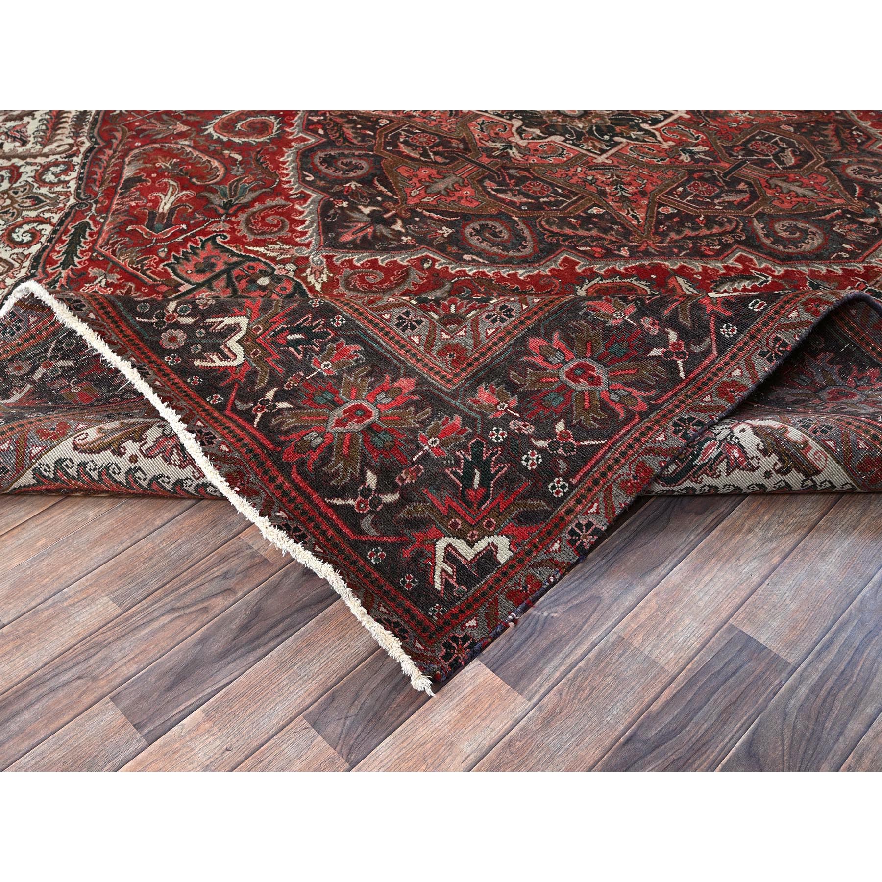 10'x12'3" Berry Red, Vintage and Worn, Persian Heriz with Large Medallion Design, Shaved Down, Sides and Ends Professionally Secured, Clean, Hand Knotted, 100% Wool, Oriental Rug Sh1284