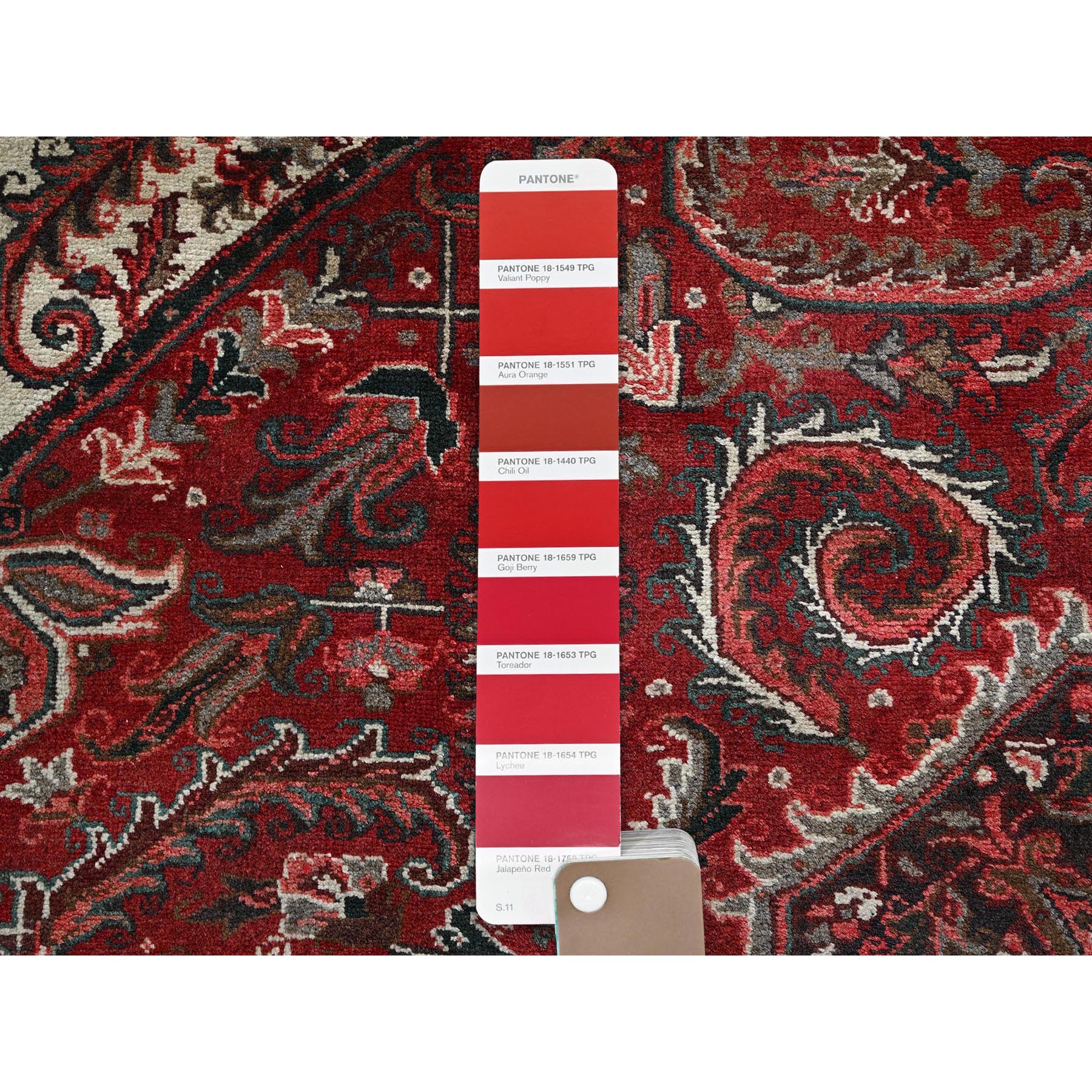 10'x12'3" Berry Red, Vintage and Worn, Persian Heriz with Large Medallion Design, Shaved Down, Sides and Ends Professionally Secured, Clean, Hand Knotted, 100% Wool, Oriental Rug Sh1284