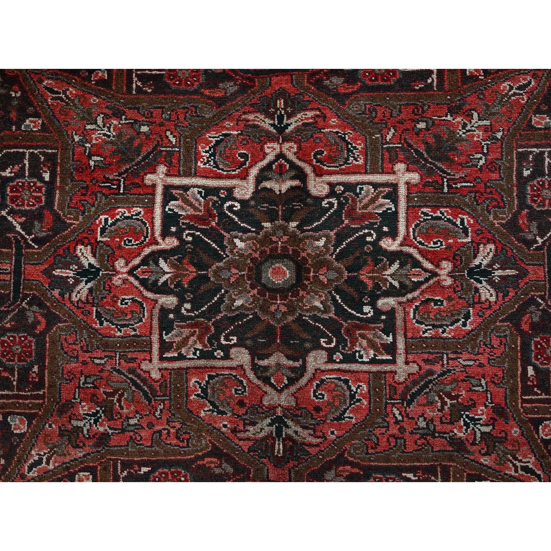 10'x12'3" Berry Red, Vintage and Worn, Persian Heriz with Large Medallion Design, Shaved Down, Sides and Ends Professionally Secured, Clean, Hand Knotted, 100% Wool, Oriental Rug Sh1284