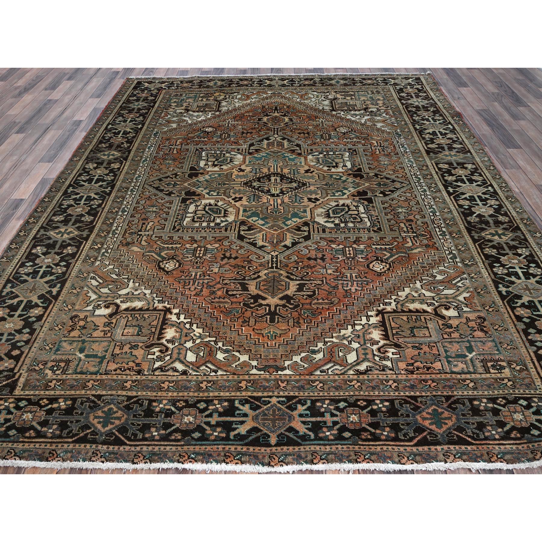 8'1"x10'6" Coral Color, Vintage Persian Heriz with Geometric Medallion Design, Slight Wear, Shaved Low, Sides and Ends Professionally Secured, Hand Knotted, 100% Wool, Oriental Rug Sh1286