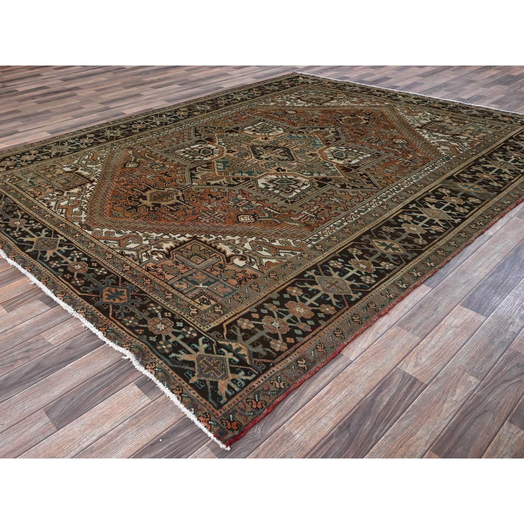 8'1"x10'6" Coral Color, Vintage Persian Heriz with Geometric Medallion Design, Slight Wear, Shaved Low, Sides and Ends Professionally Secured, Hand Knotted, 100% Wool, Oriental Rug Sh1286