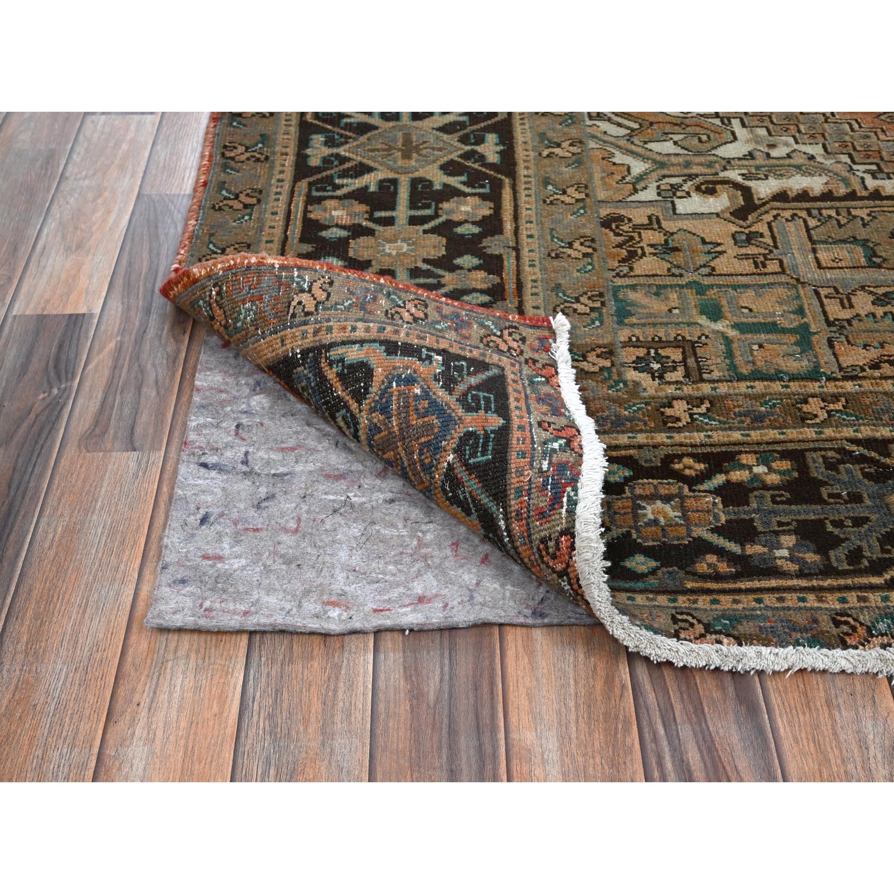 8'1"x10'6" Coral Color, Vintage Persian Heriz with Geometric Medallion Design, Slight Wear, Shaved Low, Sides and Ends Professionally Secured, Hand Knotted, 100% Wool, Oriental Rug Sh1286