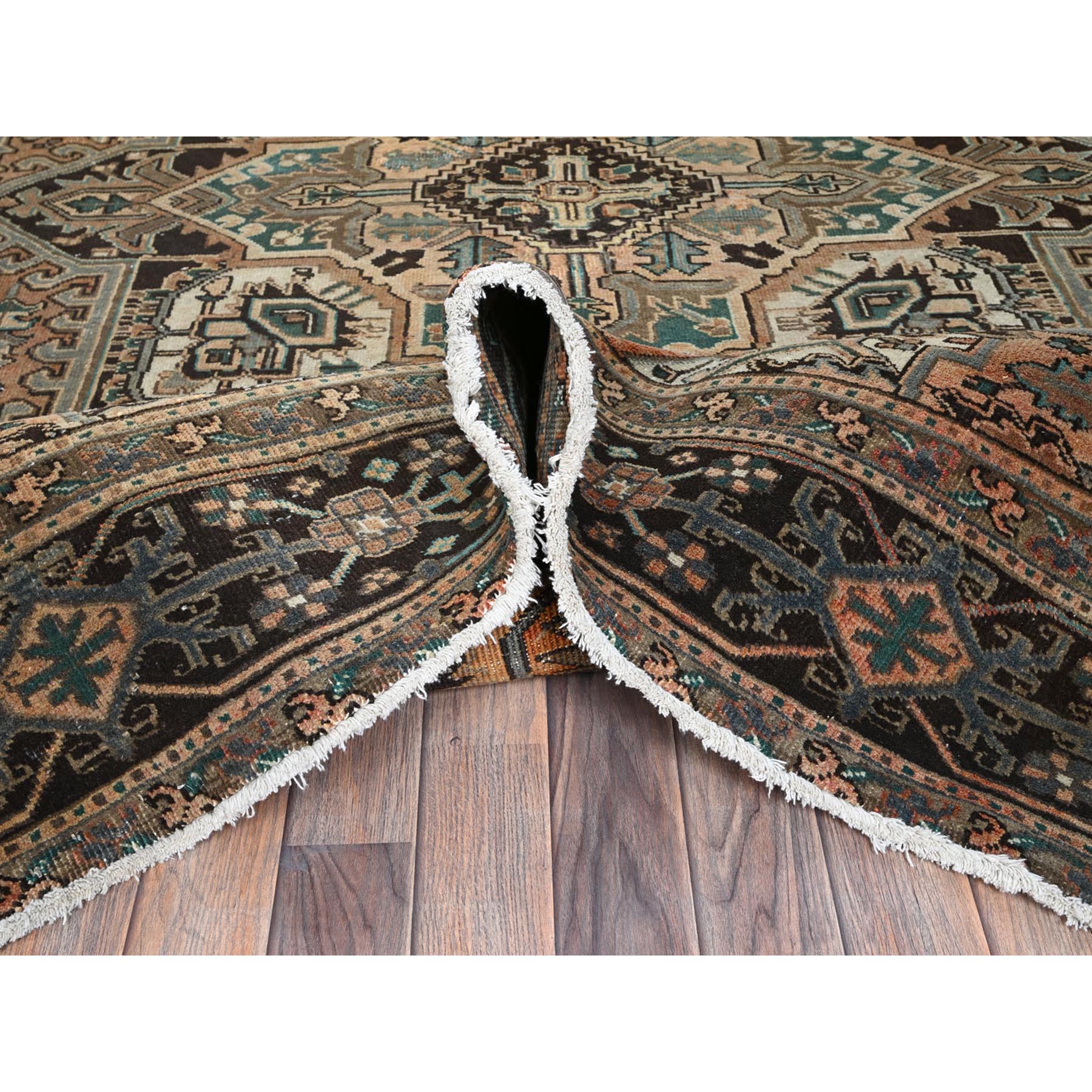 8'1"x10'6" Coral Color, Vintage Persian Heriz with Geometric Medallion Design, Slight Wear, Shaved Low, Sides and Ends Professionally Secured, Hand Knotted, 100% Wool, Oriental Rug Sh1286