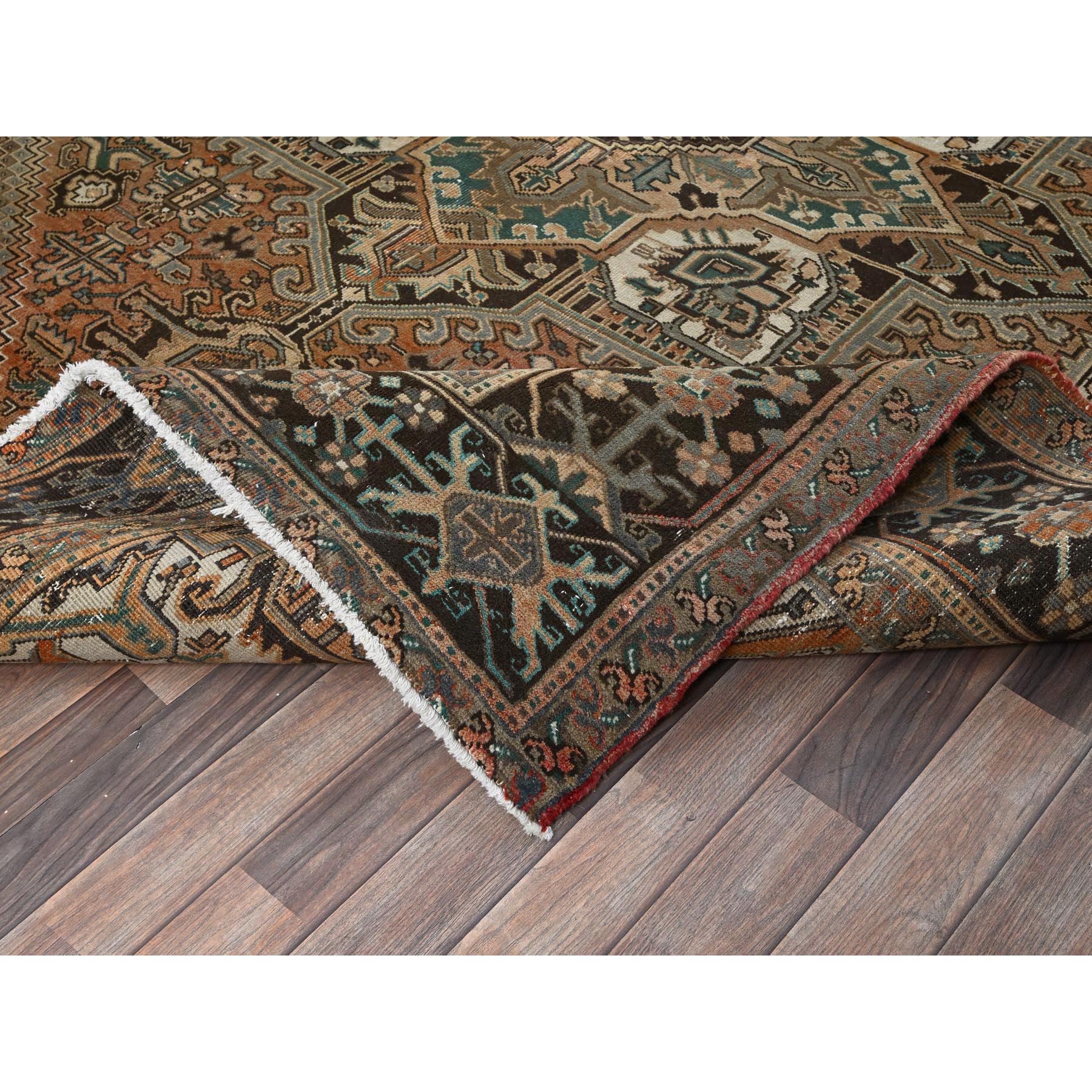 8'1"x10'6" Coral Color, Vintage Persian Heriz with Geometric Medallion Design, Slight Wear, Shaved Low, Sides and Ends Professionally Secured, Hand Knotted, 100% Wool, Oriental Rug Sh1286