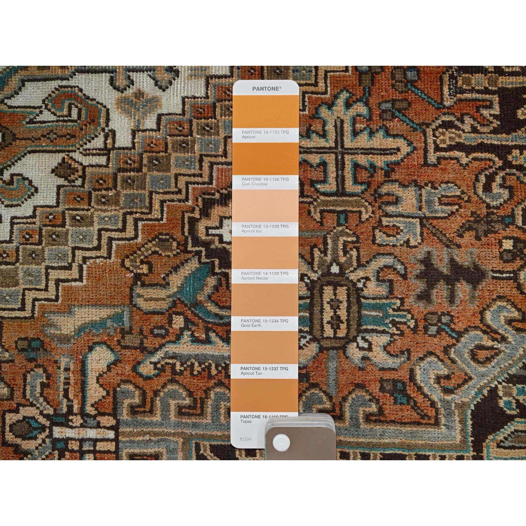 8'1"x10'6" Coral Color, Vintage Persian Heriz with Geometric Medallion Design, Slight Wear, Shaved Low, Sides and Ends Professionally Secured, Hand Knotted, 100% Wool, Oriental Rug Sh1286