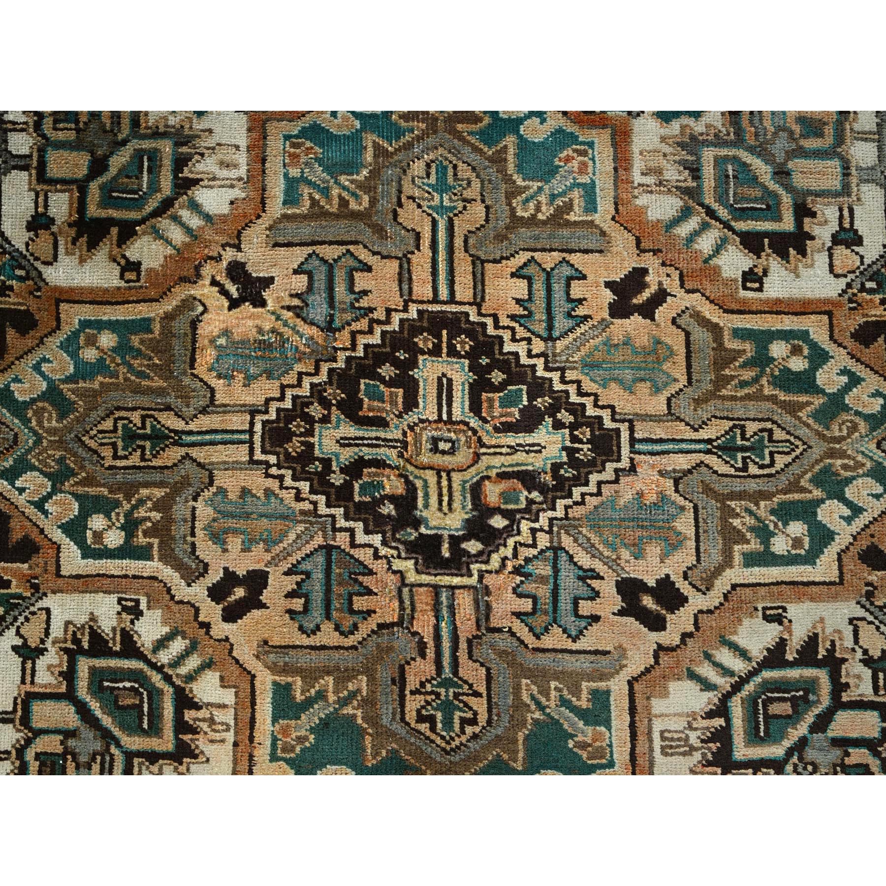 8'1"x10'6" Coral Color, Vintage Persian Heriz with Geometric Medallion Design, Slight Wear, Shaved Low, Sides and Ends Professionally Secured, Hand Knotted, 100% Wool, Oriental Rug Sh1286