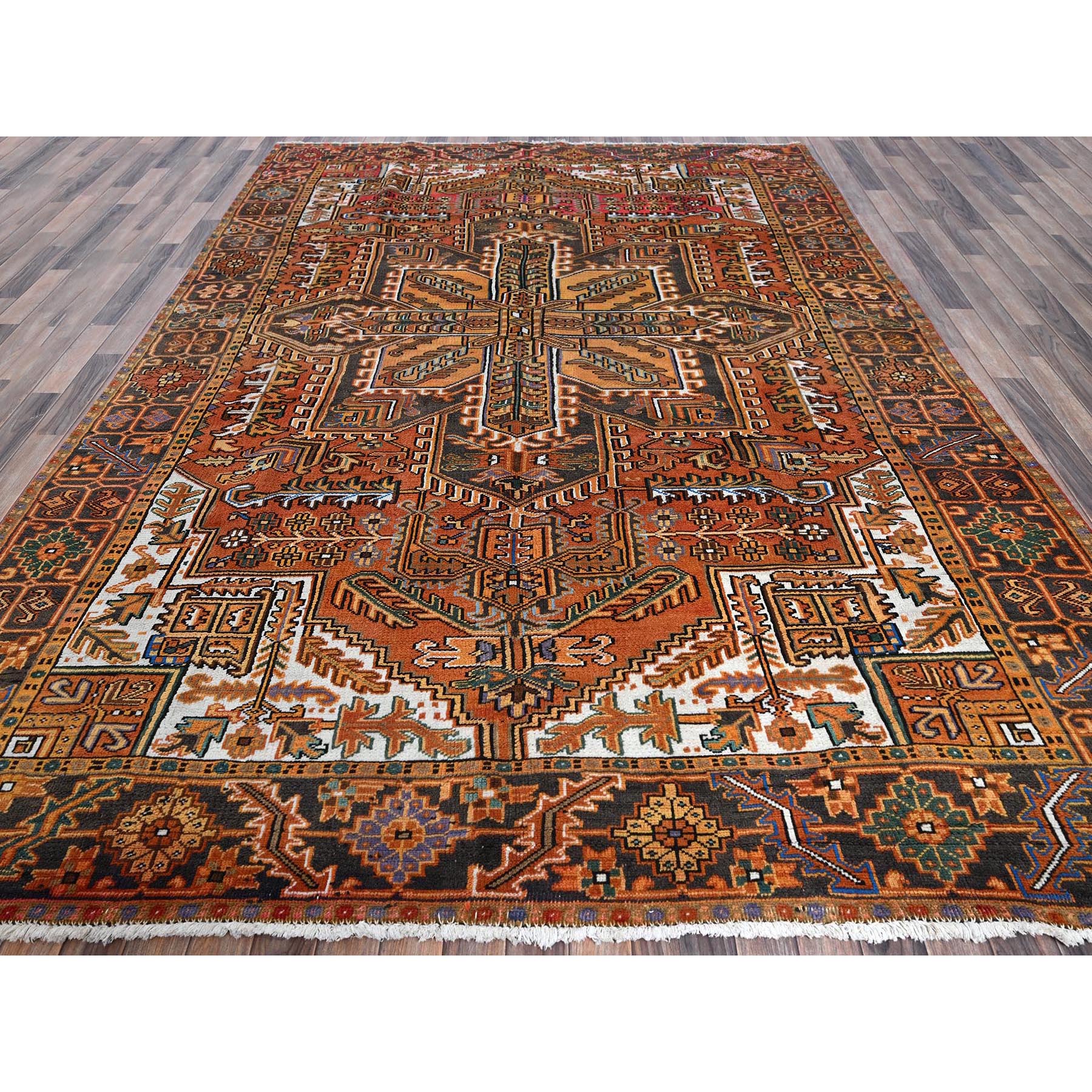 8'2"x11'2" Vivid Orange, Semi Antique Persian Heriz with Large Medallion Design, Sheared Low, Sides and Ends Professionally Secured, Clean, Hand Knotted, 100% Wool, Oriental Rug Sh1287