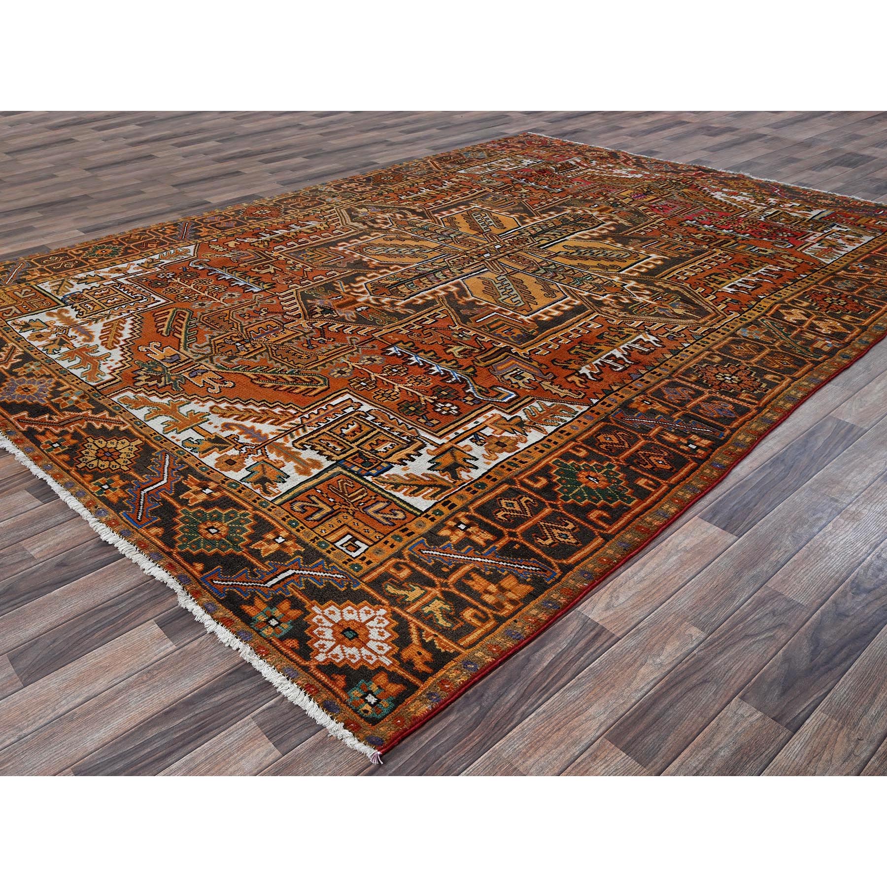 8'2"x11'2" Vivid Orange, Semi Antique Persian Heriz with Large Medallion Design, Sheared Low, Sides and Ends Professionally Secured, Clean, Hand Knotted, 100% Wool, Oriental Rug Sh1287