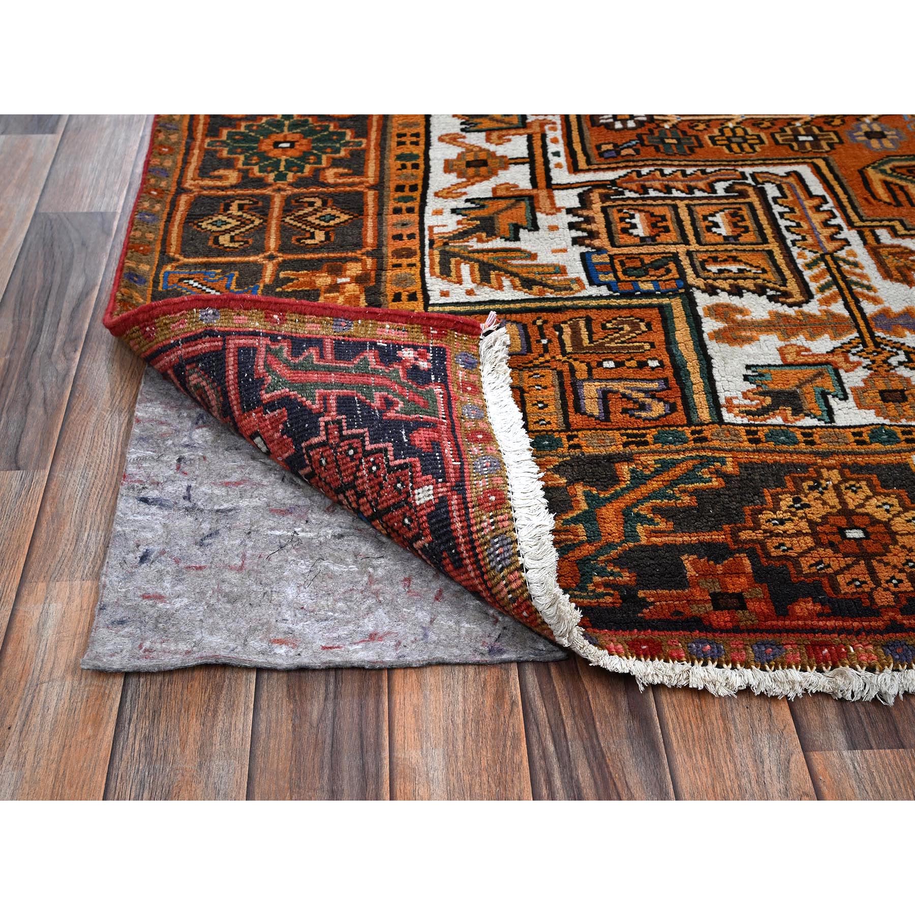 8'2"x11'2" Vivid Orange, Semi Antique Persian Heriz with Large Medallion Design, Sheared Low, Sides and Ends Professionally Secured, Clean, Hand Knotted, 100% Wool, Oriental Rug Sh1287