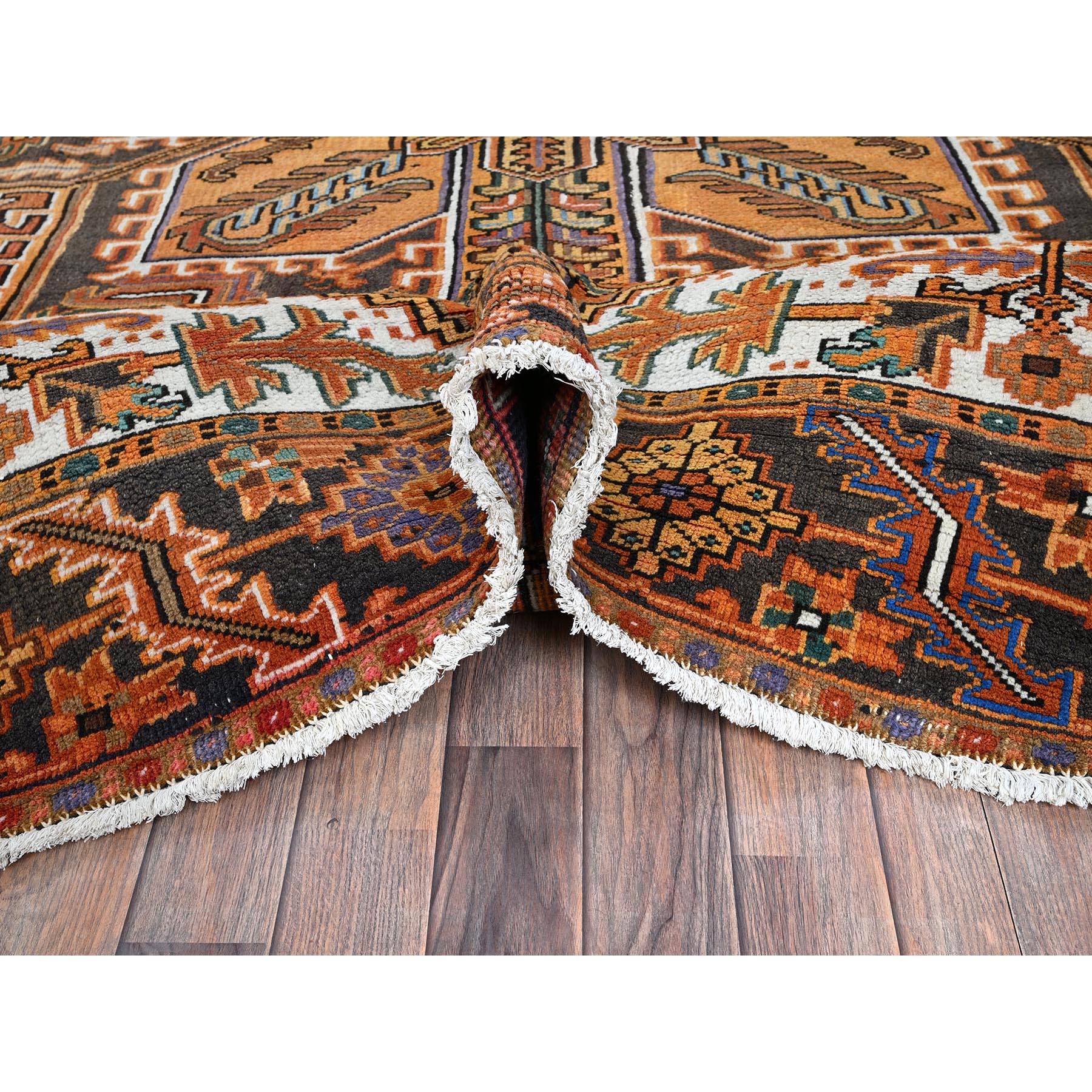 8'2"x11'2" Vivid Orange, Semi Antique Persian Heriz with Large Medallion Design, Sheared Low, Sides and Ends Professionally Secured, Clean, Hand Knotted, 100% Wool, Oriental Rug Sh1287