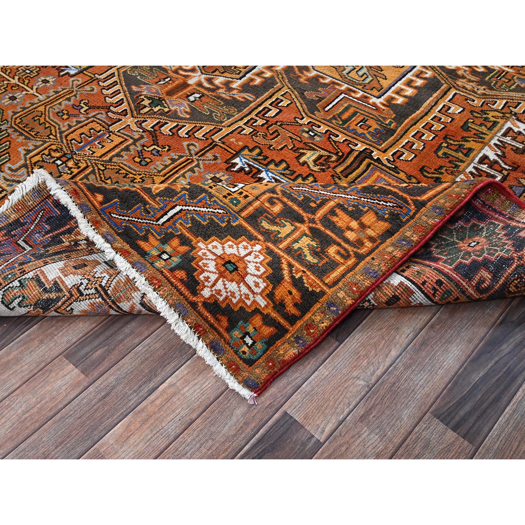 8'2"x11'2" Vivid Orange, Semi Antique Persian Heriz with Large Medallion Design, Sheared Low, Sides and Ends Professionally Secured, Clean, Hand Knotted, 100% Wool, Oriental Rug Sh1287