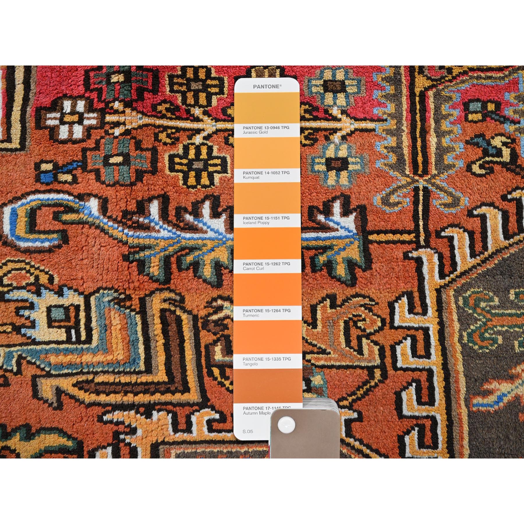 8'2"x11'2" Vivid Orange, Semi Antique Persian Heriz with Large Medallion Design, Sheared Low, Sides and Ends Professionally Secured, Clean, Hand Knotted, 100% Wool, Oriental Rug Sh1287