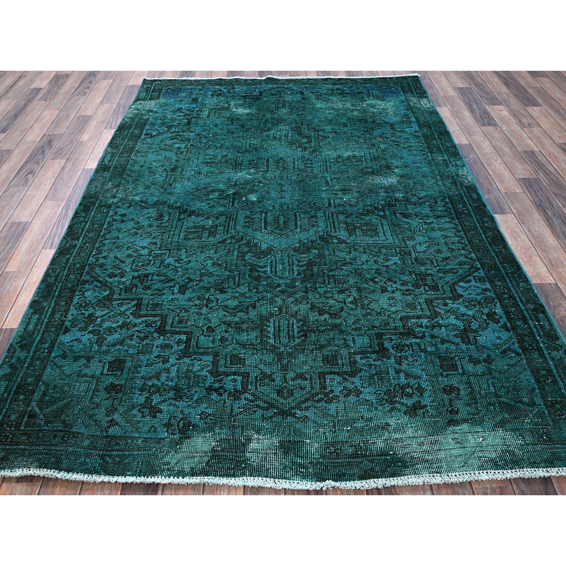 5'5"x8'3" Teal Overdyed, Semi Antique Persian Heriz with Areas of Wear, Worn Down, Sheared Low, Sides and Ends Professionally Secured, Hand Knotted, 100% Wool, Oriental Rug Sh1288