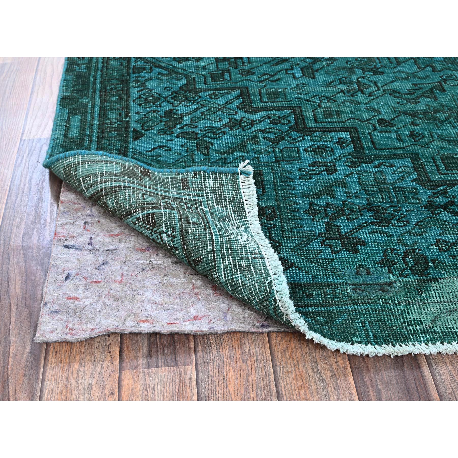 5'5"x8'3" Teal Overdyed, Semi Antique Persian Heriz with Areas of Wear, Worn Down, Sheared Low, Sides and Ends Professionally Secured, Hand Knotted, 100% Wool, Oriental Rug Sh1288