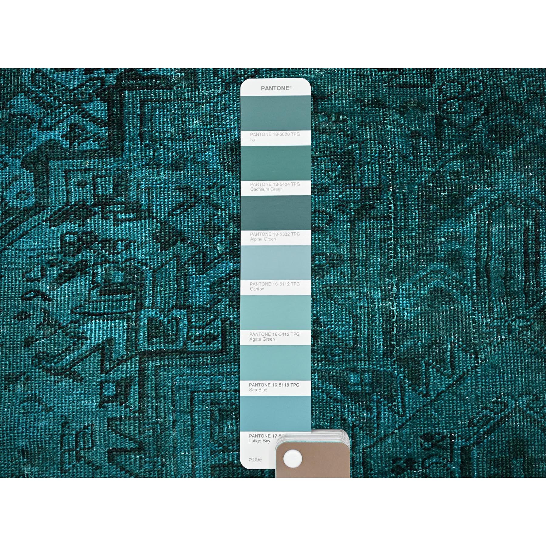 5'5"x8'3" Teal Overdyed, Semi Antique Persian Heriz with Areas of Wear, Worn Down, Sheared Low, Sides and Ends Professionally Secured, Hand Knotted, 100% Wool, Oriental Rug Sh1288