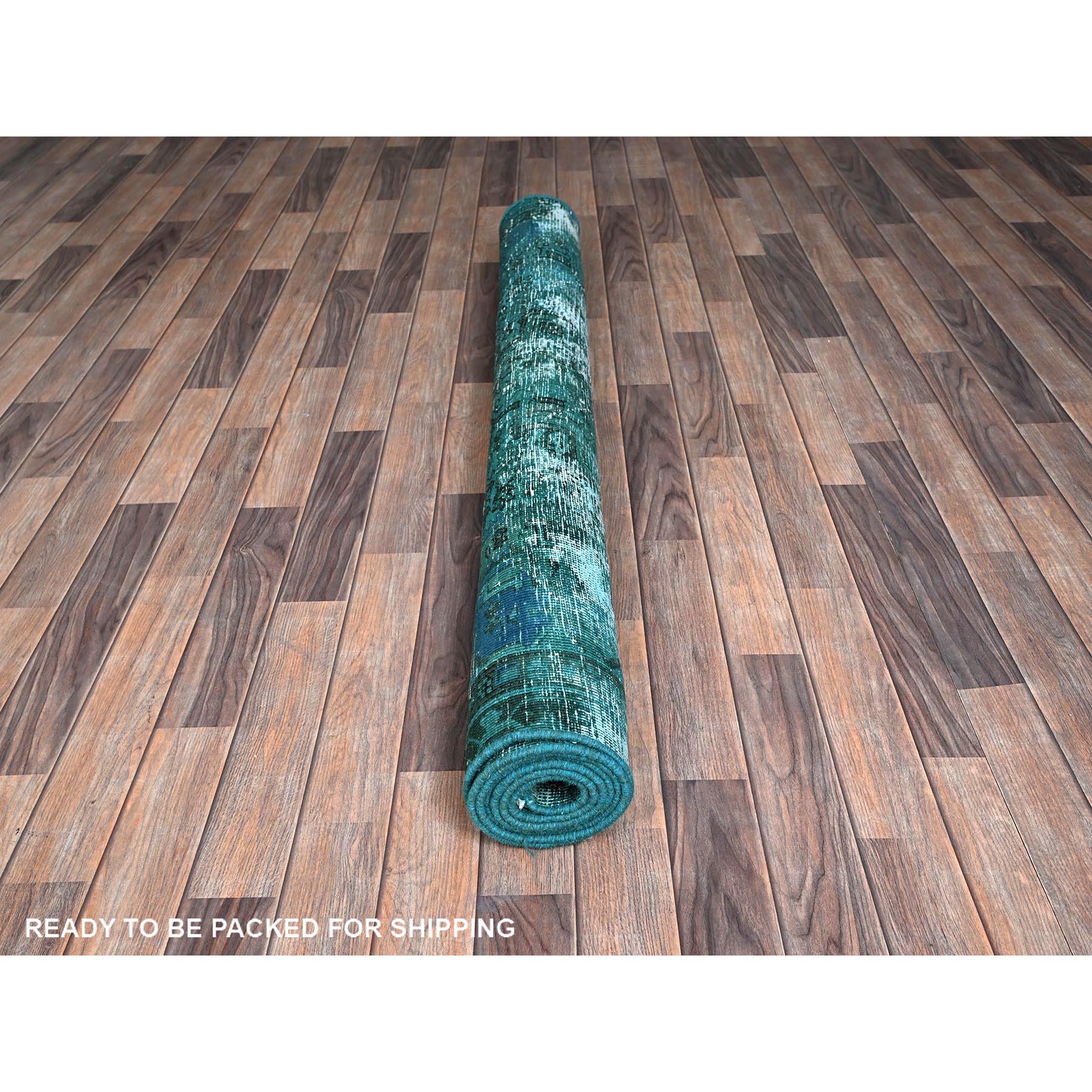 5'5"x8'3" Teal Overdyed, Semi Antique Persian Heriz with Areas of Wear, Worn Down, Sheared Low, Sides and Ends Professionally Secured, Hand Knotted, 100% Wool, Oriental Rug Sh1288