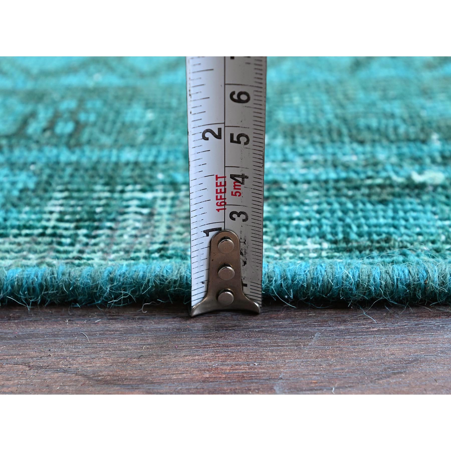 5'5"x8'3" Teal Overdyed, Semi Antique Persian Heriz with Areas of Wear, Worn Down, Sheared Low, Sides and Ends Professionally Secured, Hand Knotted, 100% Wool, Oriental Rug Sh1288