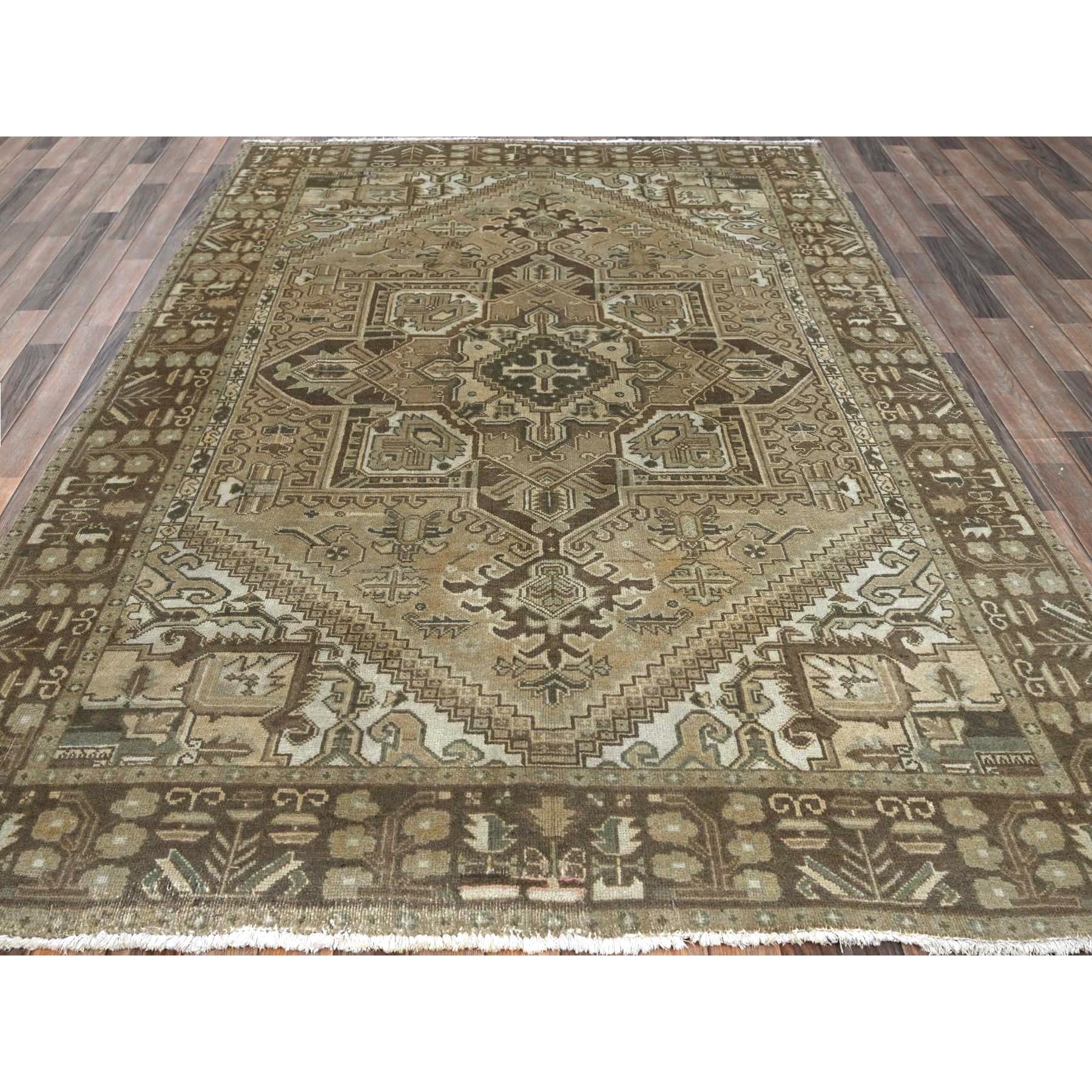 6'7"x9'3" Khaki Brown, Vintage Persian Heriz with Large Medallion Design, Evenly Worn, Shaved Low, Sides and Ends Professionally Secured, Clean, Hand Knotted, 100% Wool, Oriental Rug Sh1289