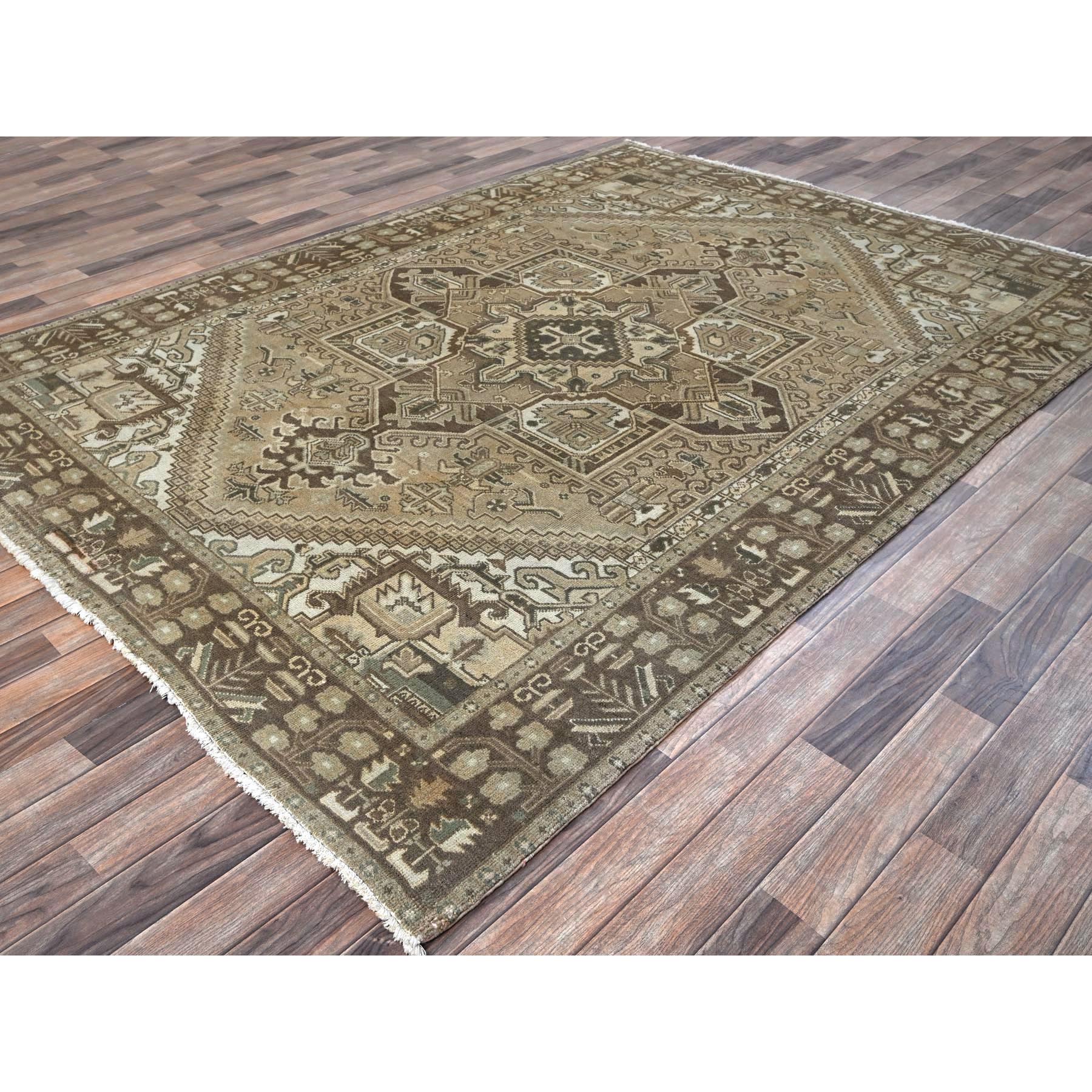6'7"x9'3" Khaki Brown, Vintage Persian Heriz with Large Medallion Design, Evenly Worn, Shaved Low, Sides and Ends Professionally Secured, Clean, Hand Knotted, 100% Wool, Oriental Rug Sh1289