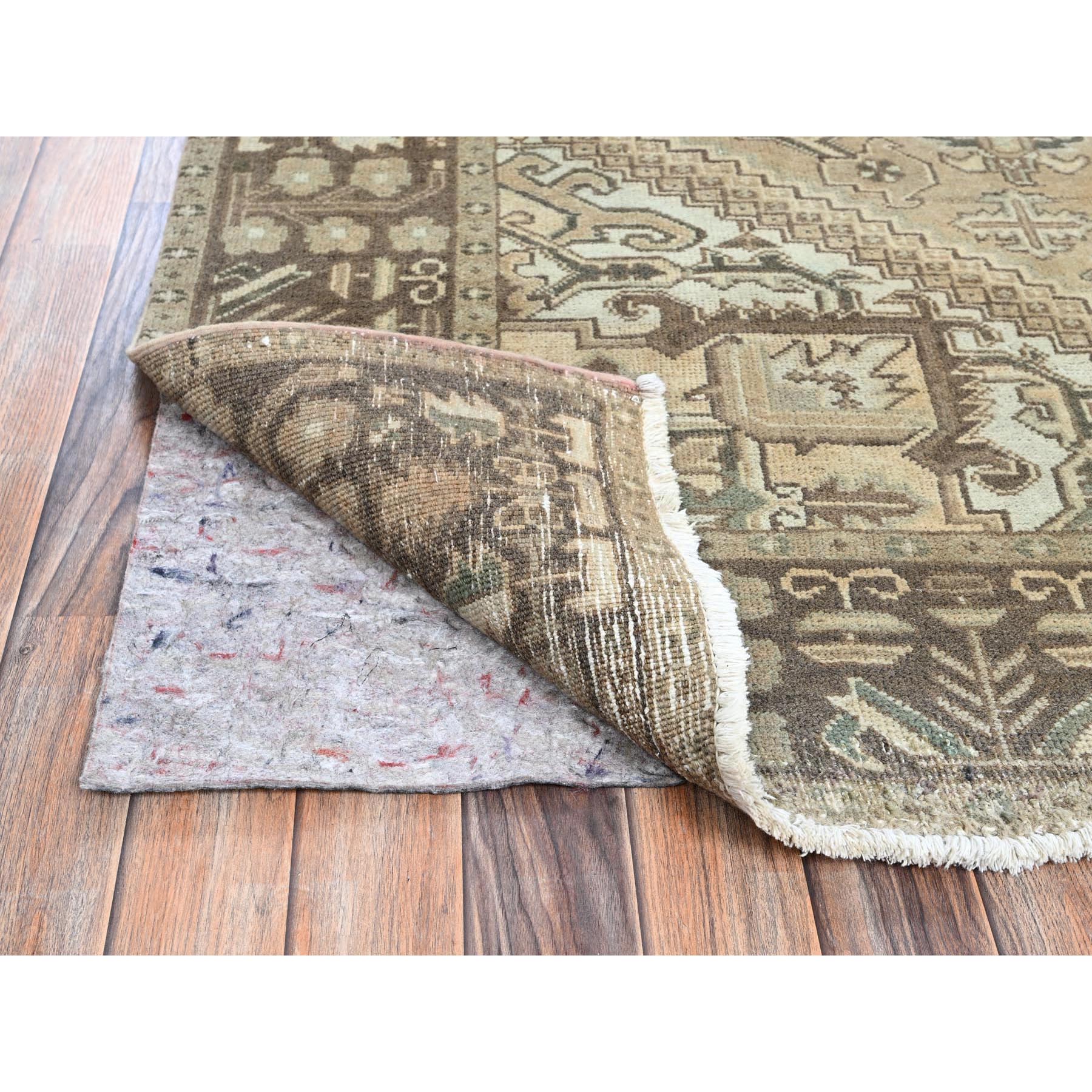 6'7"x9'3" Khaki Brown, Vintage Persian Heriz with Large Medallion Design, Evenly Worn, Shaved Low, Sides and Ends Professionally Secured, Clean, Hand Knotted, 100% Wool, Oriental Rug Sh1289