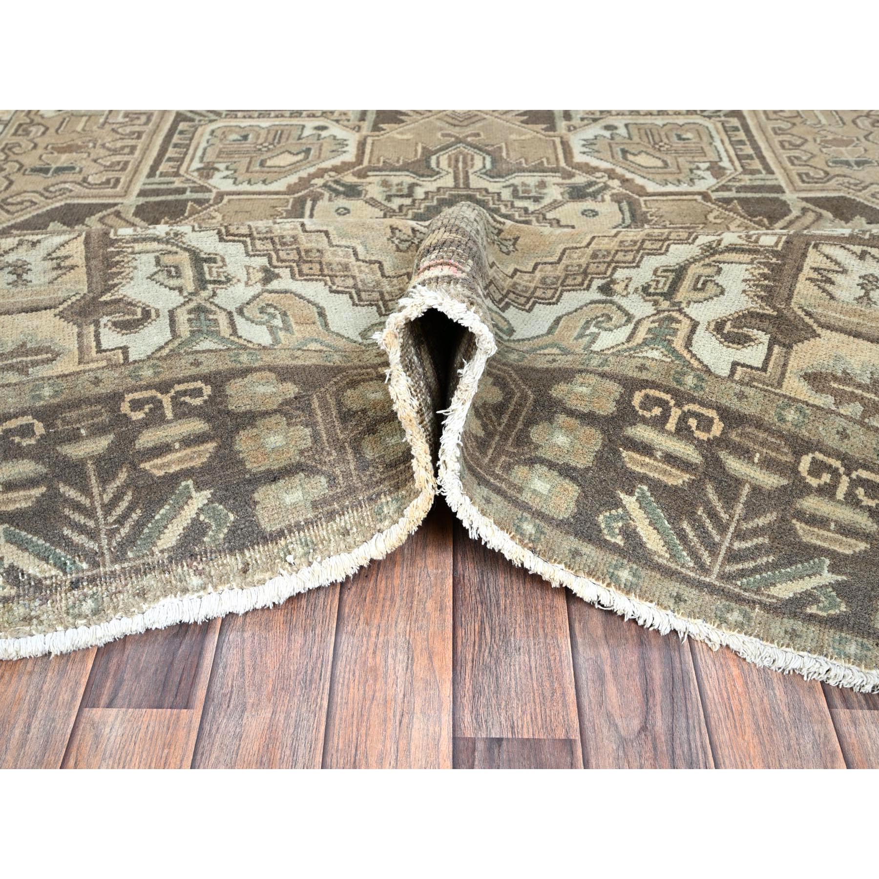 6'7"x9'3" Khaki Brown, Vintage Persian Heriz with Large Medallion Design, Evenly Worn, Shaved Low, Sides and Ends Professionally Secured, Clean, Hand Knotted, 100% Wool, Oriental Rug Sh1289