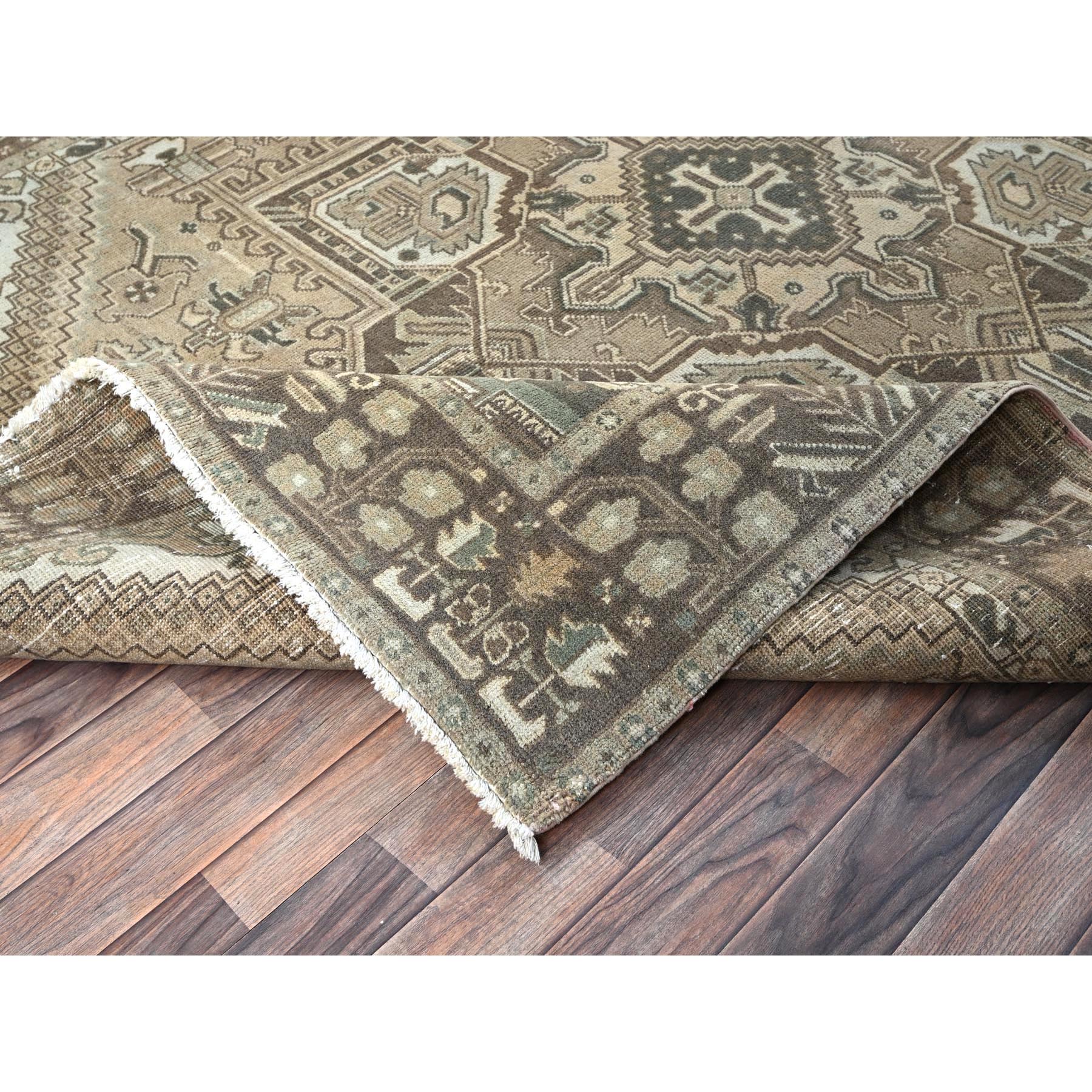 6'7"x9'3" Khaki Brown, Vintage Persian Heriz with Large Medallion Design, Evenly Worn, Shaved Low, Sides and Ends Professionally Secured, Clean, Hand Knotted, 100% Wool, Oriental Rug Sh1289