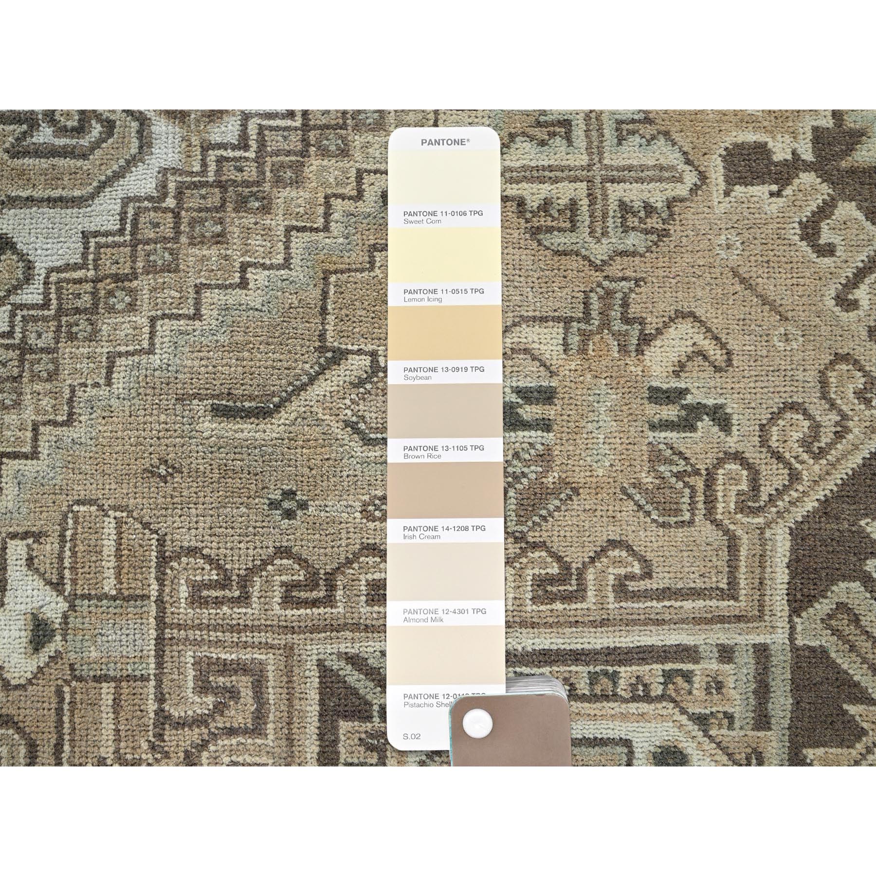 6'7"x9'3" Khaki Brown, Vintage Persian Heriz with Large Medallion Design, Evenly Worn, Shaved Low, Sides and Ends Professionally Secured, Clean, Hand Knotted, 100% Wool, Oriental Rug Sh1289
