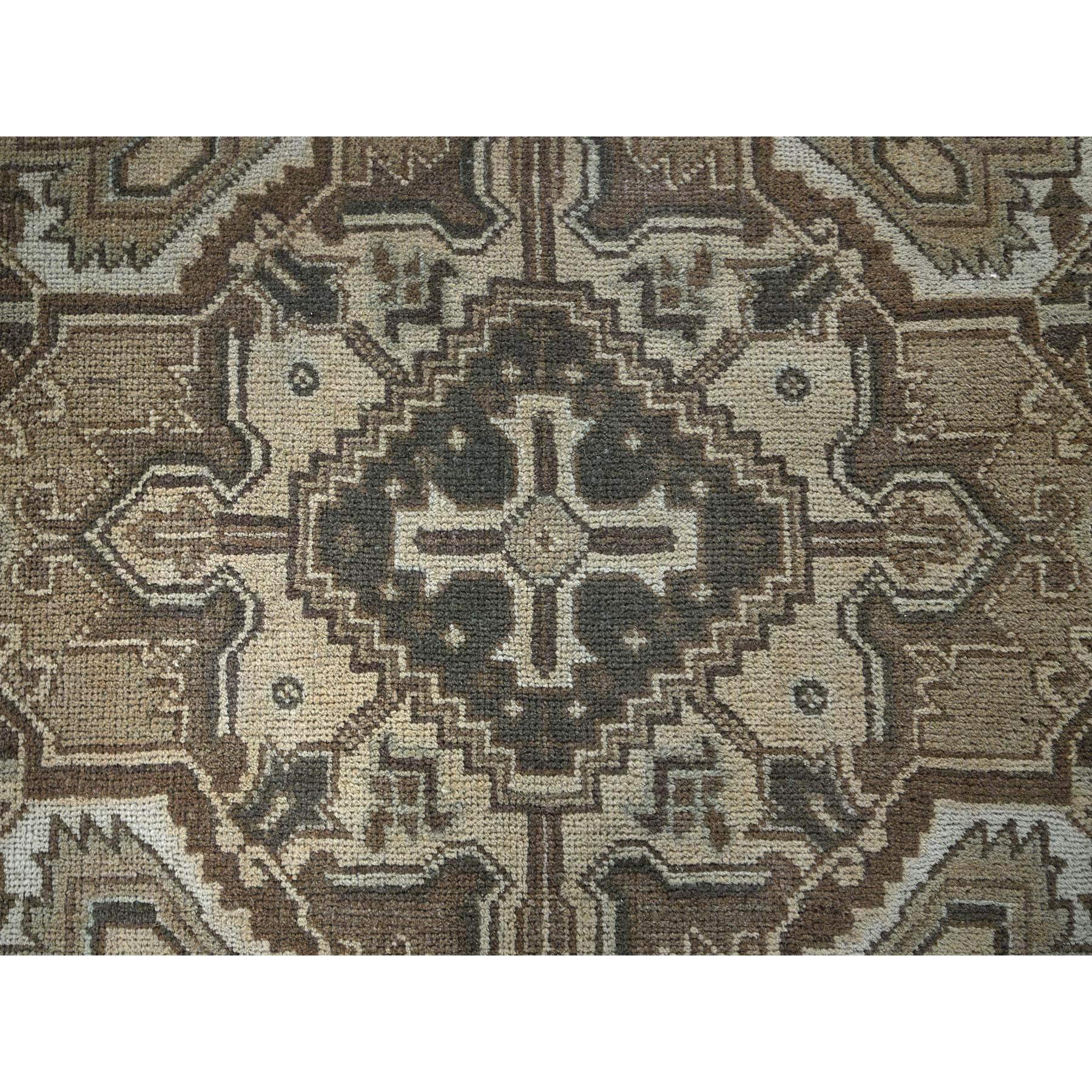 6'7"x9'3" Khaki Brown, Vintage Persian Heriz with Large Medallion Design, Evenly Worn, Shaved Low, Sides and Ends Professionally Secured, Clean, Hand Knotted, 100% Wool, Oriental Rug Sh1289