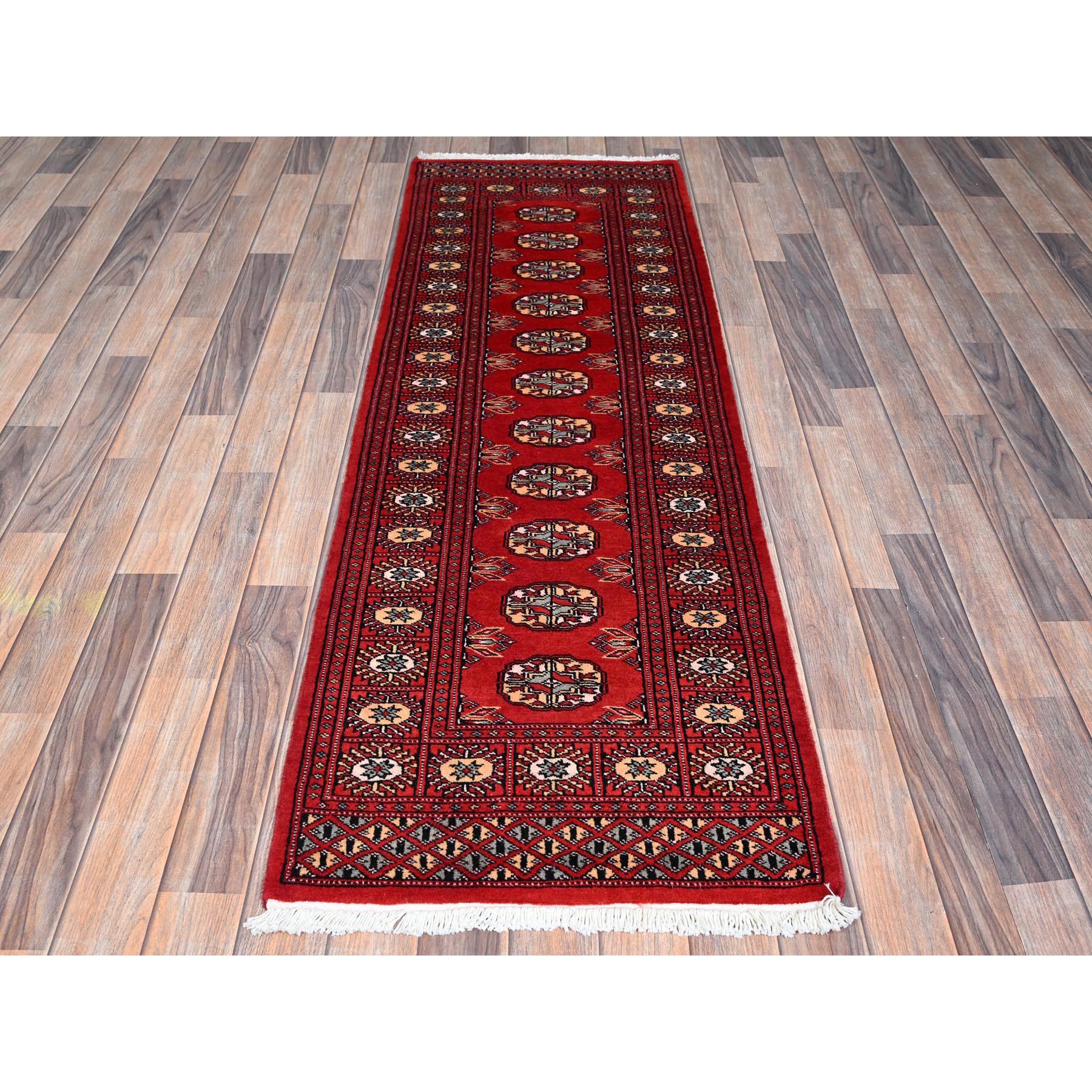 2'2"x6'6" Arsenal Red, Princess Bokara with Tribal Medallions, Vegetable Dyes, Soft Wool, Hand Knotted, Narrow Runner, Oriental Rug Sh1292