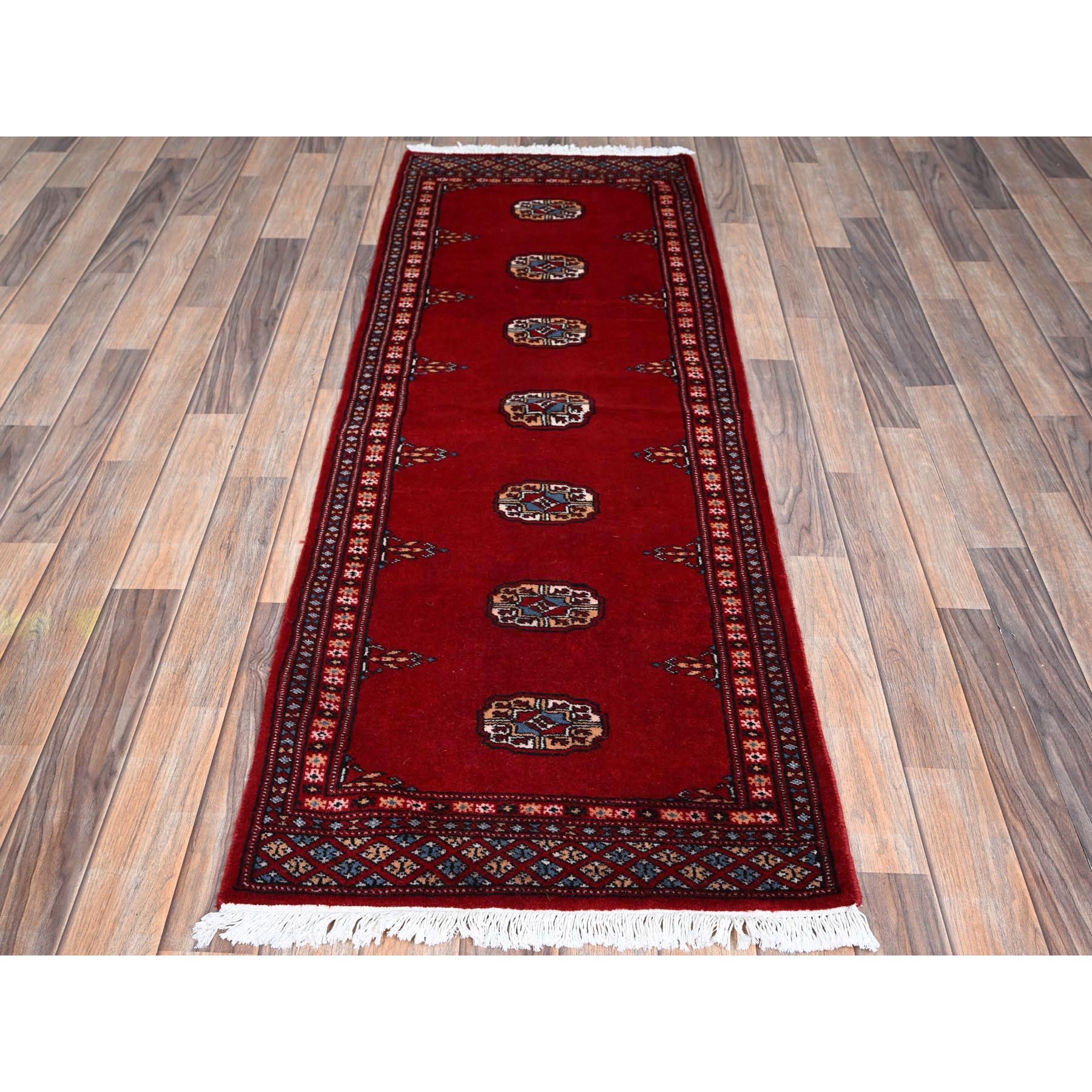 2'1"x6' Crimson Red, Princess Bokara with Tribal Medallions Design, Vegetable Dyes, Soft Wool, Hand Knotted, Narrow Runner, Oriental Rug Sh1293