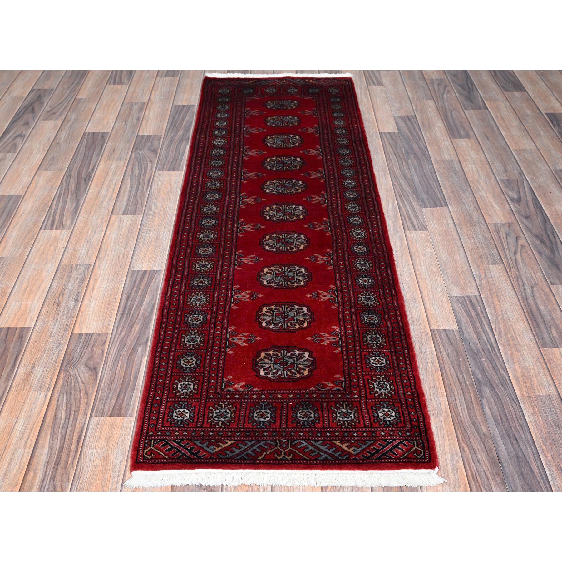 2'x6' Chili Red, Princess Bokara with Tribal Medallions, Vegetable Dyes, Soft and Velvety Wool, Hand Knotted, Narrow Runner, Oriental Rug Sh1295