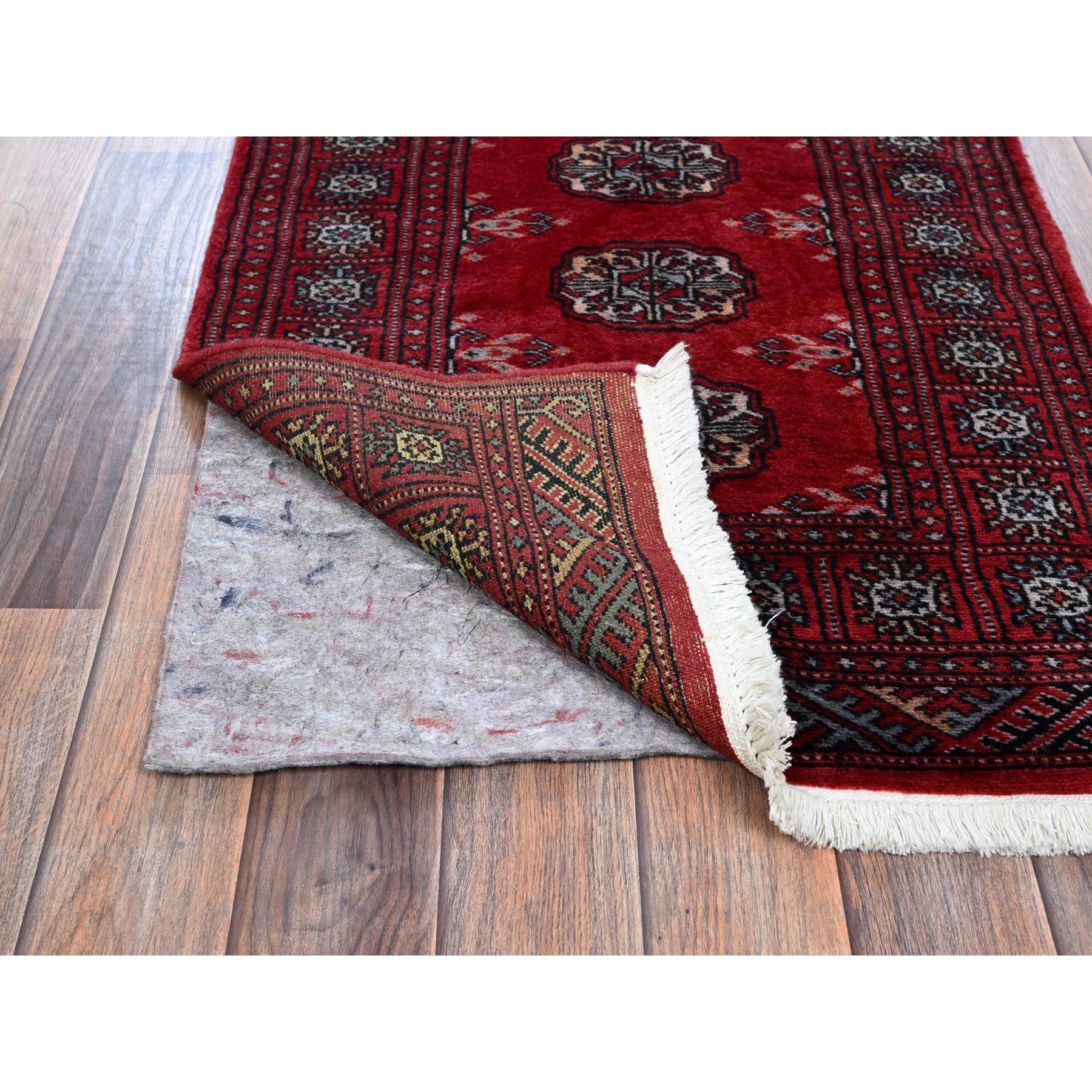 2'x6' Chili Red, Princess Bokara with Tribal Medallions, Vegetable Dyes, Soft and Velvety Wool, Hand Knotted, Narrow Runner, Oriental Rug Sh1295