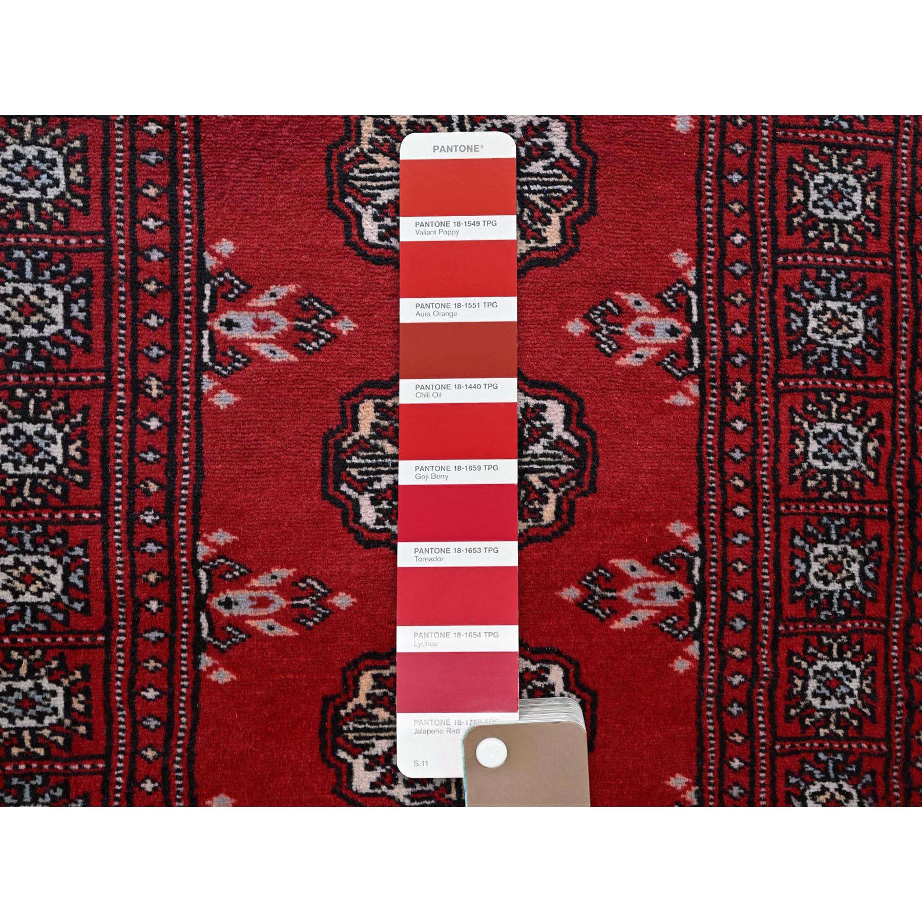 2'x6' Chili Red, Princess Bokara with Tribal Medallions, Vegetable Dyes, Soft and Velvety Wool, Hand Knotted, Narrow Runner, Oriental Rug Sh1295