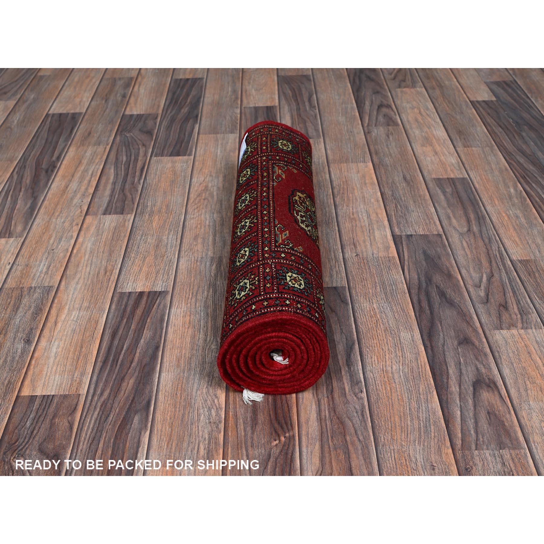 2'x6' Chili Red, Princess Bokara with Tribal Medallions, Vegetable Dyes, Soft and Velvety Wool, Hand Knotted, Narrow Runner, Oriental Rug Sh1295
