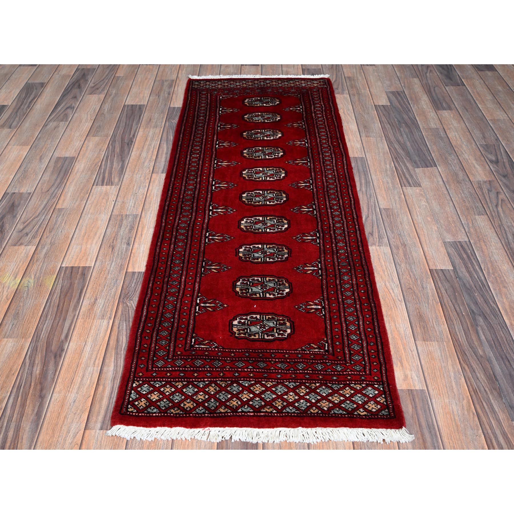 2'2"x5'8" Arsenal Red, Princess Bokara with Geometric Medallions, Hand Knotted, Vegetable Dyes, Soft and Vibrant Wool, Short & Narrow Runner, Oriental Rug Sh1296