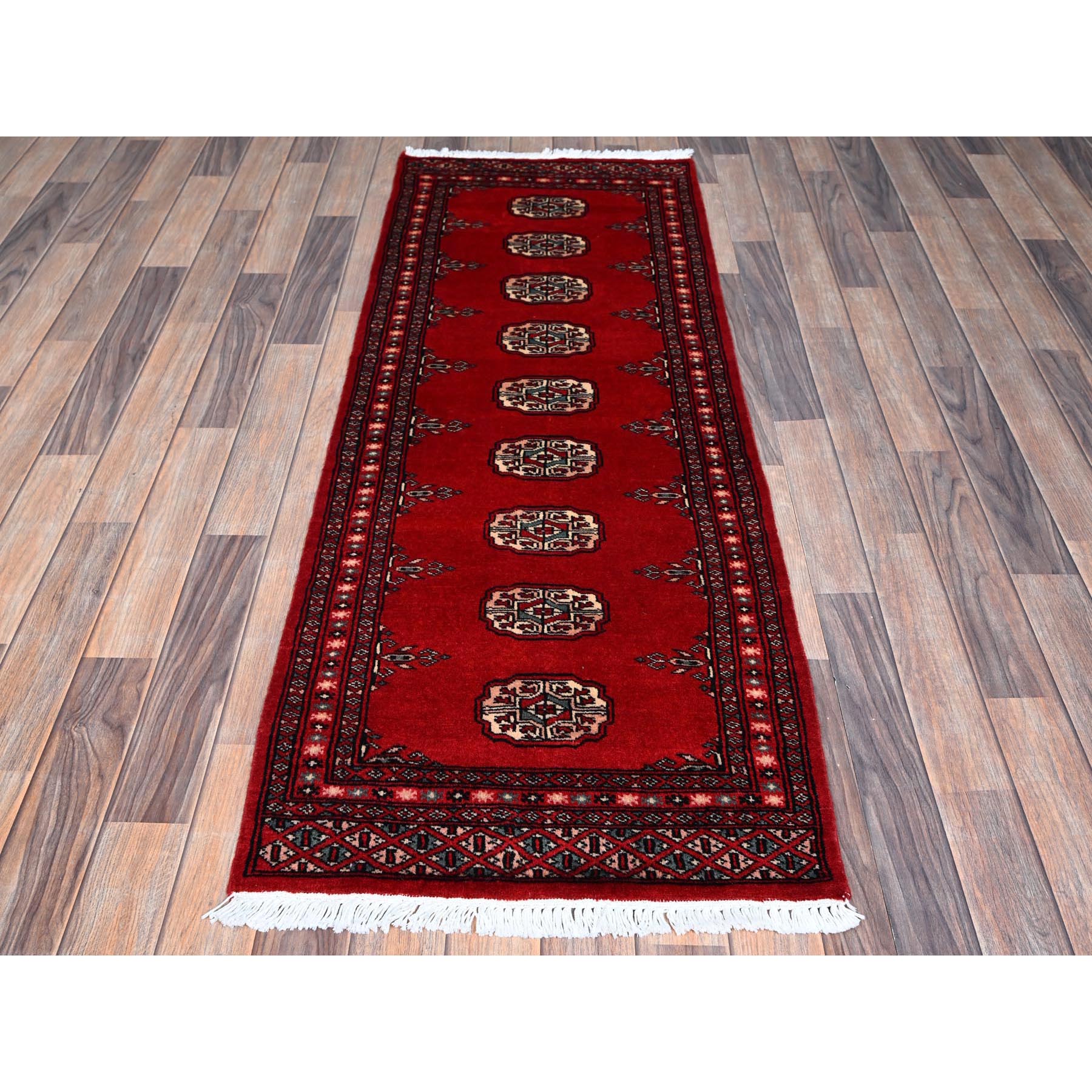 2'2"x6' Crimson Red, Princess Bokara with Tribal Medallions, Natural Dyes, Soft Wool, Hand Knotted, Narrow Runner, Oriental Rug Sh1297