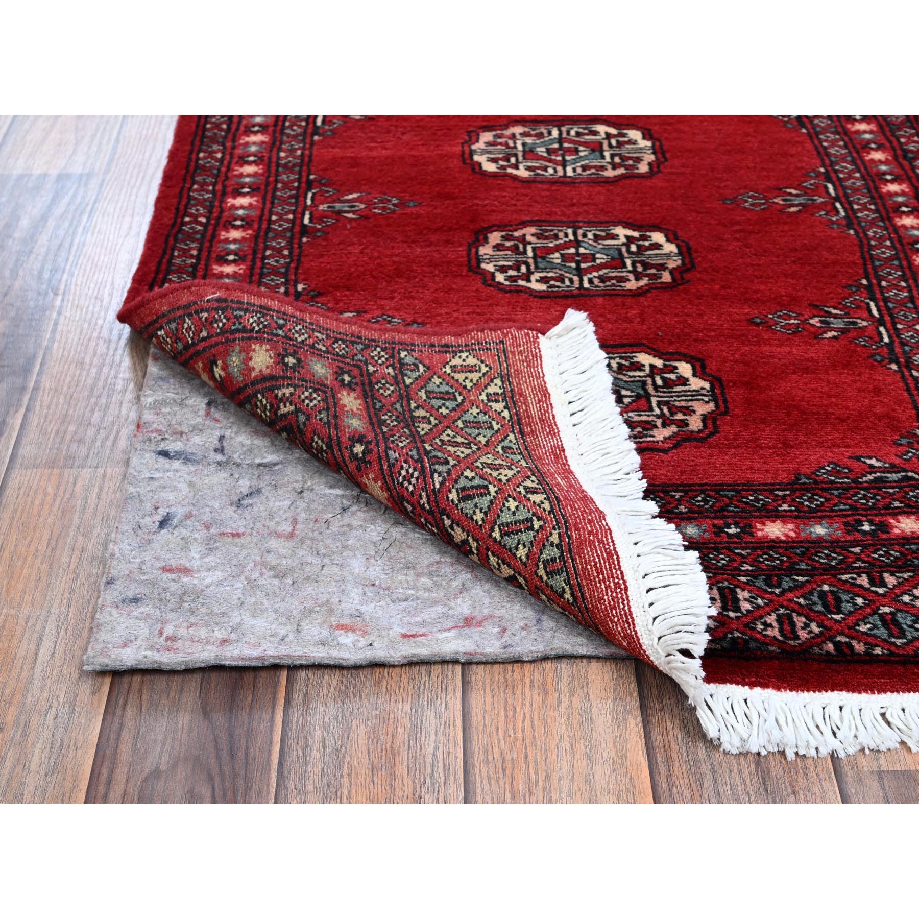 2'2"x6' Crimson Red, Princess Bokara with Tribal Medallions, Natural Dyes, Soft Wool, Hand Knotted, Narrow Runner, Oriental Rug Sh1297