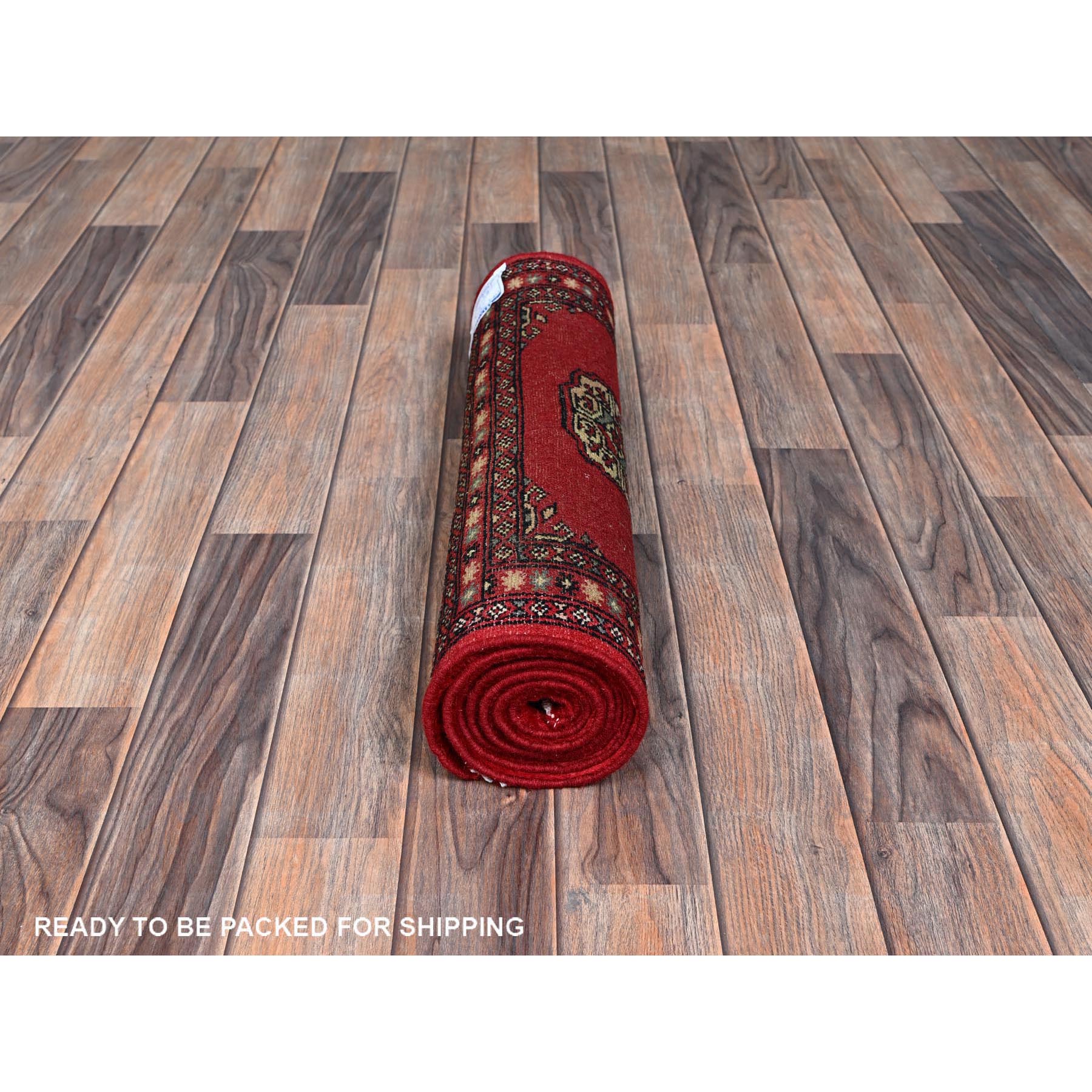 2'2"x6' Crimson Red, Princess Bokara with Tribal Medallions, Natural Dyes, Soft Wool, Hand Knotted, Narrow Runner, Oriental Rug Sh1297