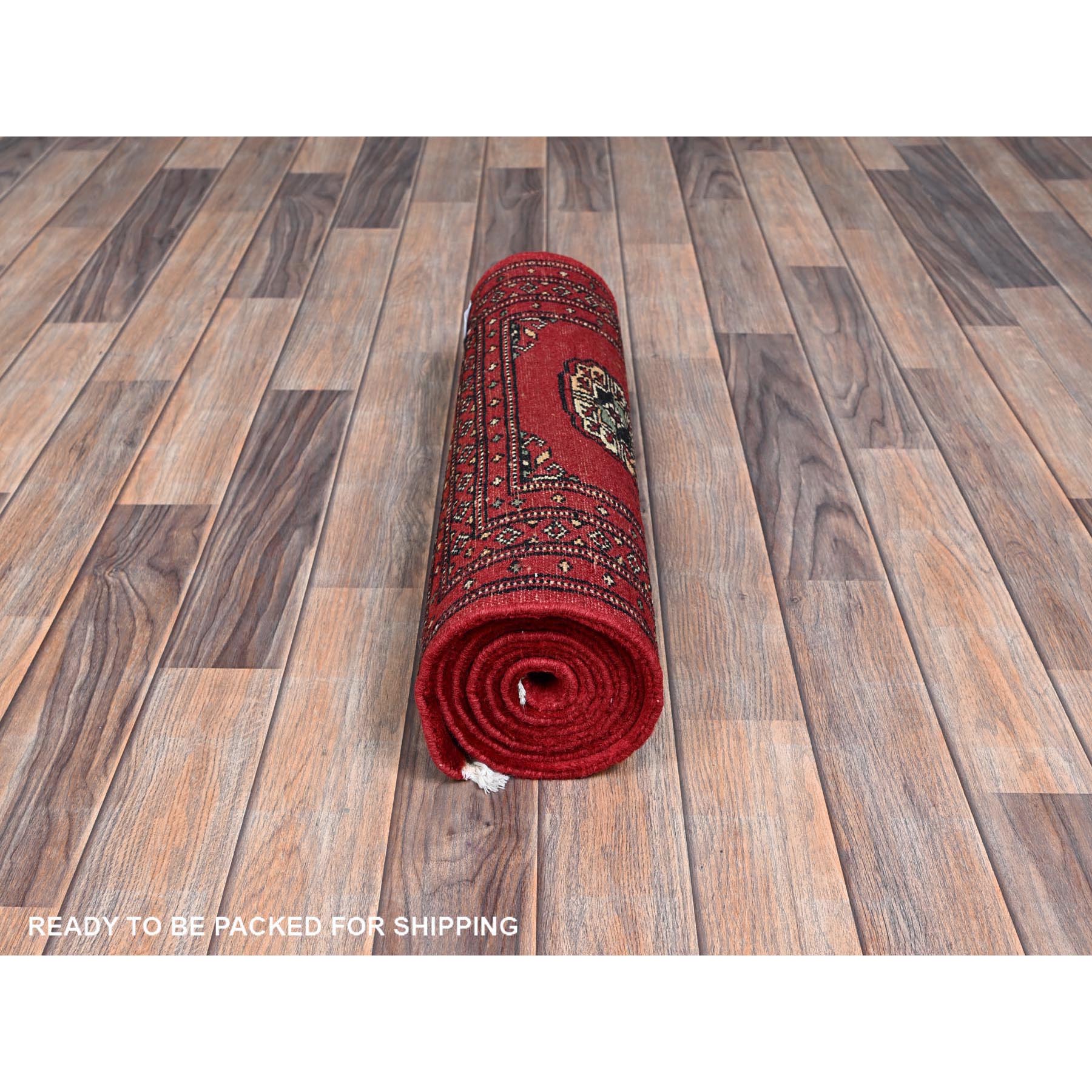 2'x6'2" Lychee Red, Princess Bokara with Tribal Medallions, Vegetable Dyes, Soft Wool, Hand Knotted, Narrow Runner, Oriental Rug Sh1298