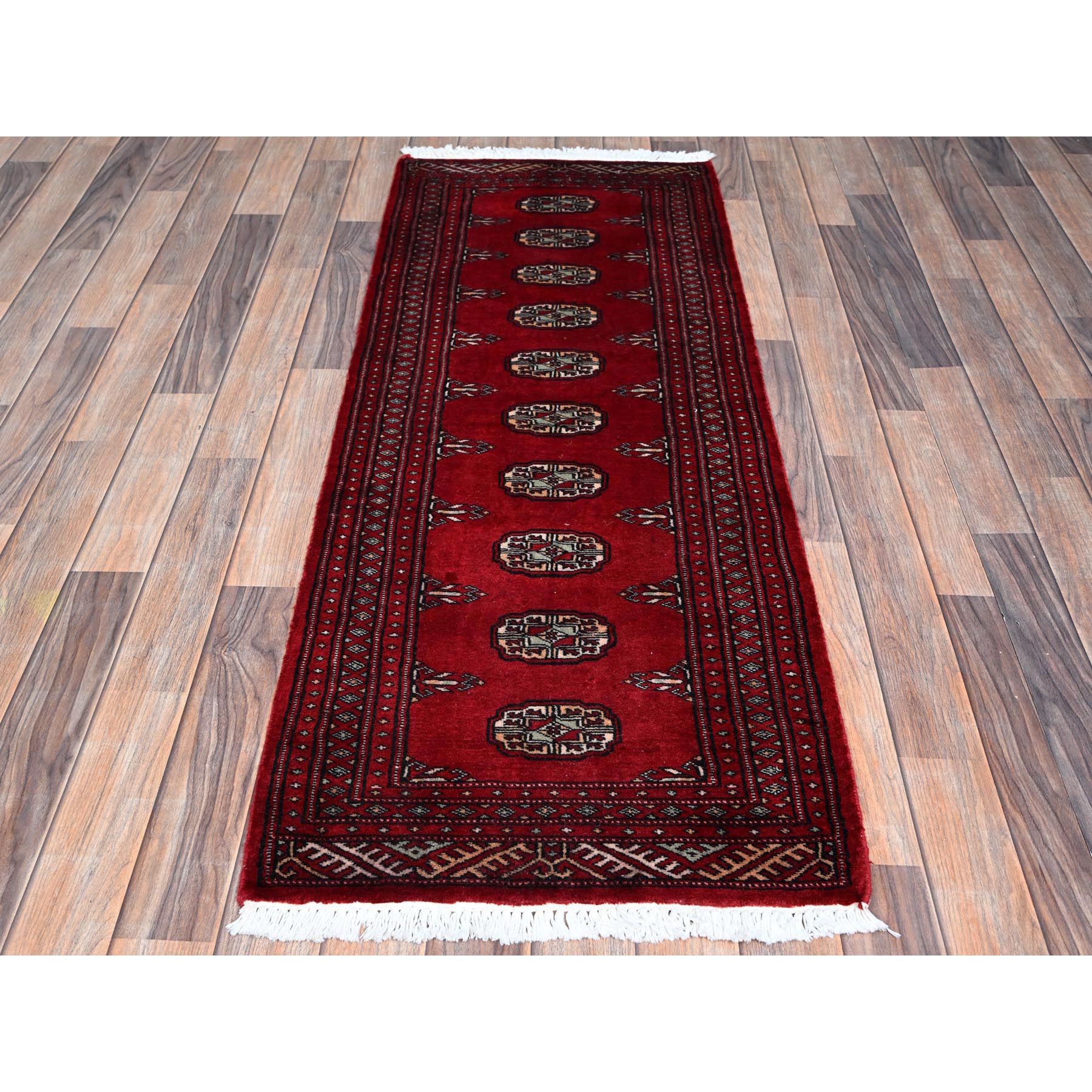 2'x5'6" Arsenal Red, Princess Bokara with Geometric Medallions, Vegetable Dyes, Soft Wool, Hand Knotted, Short & Narrow Runner, Oriental Rug Sh1299