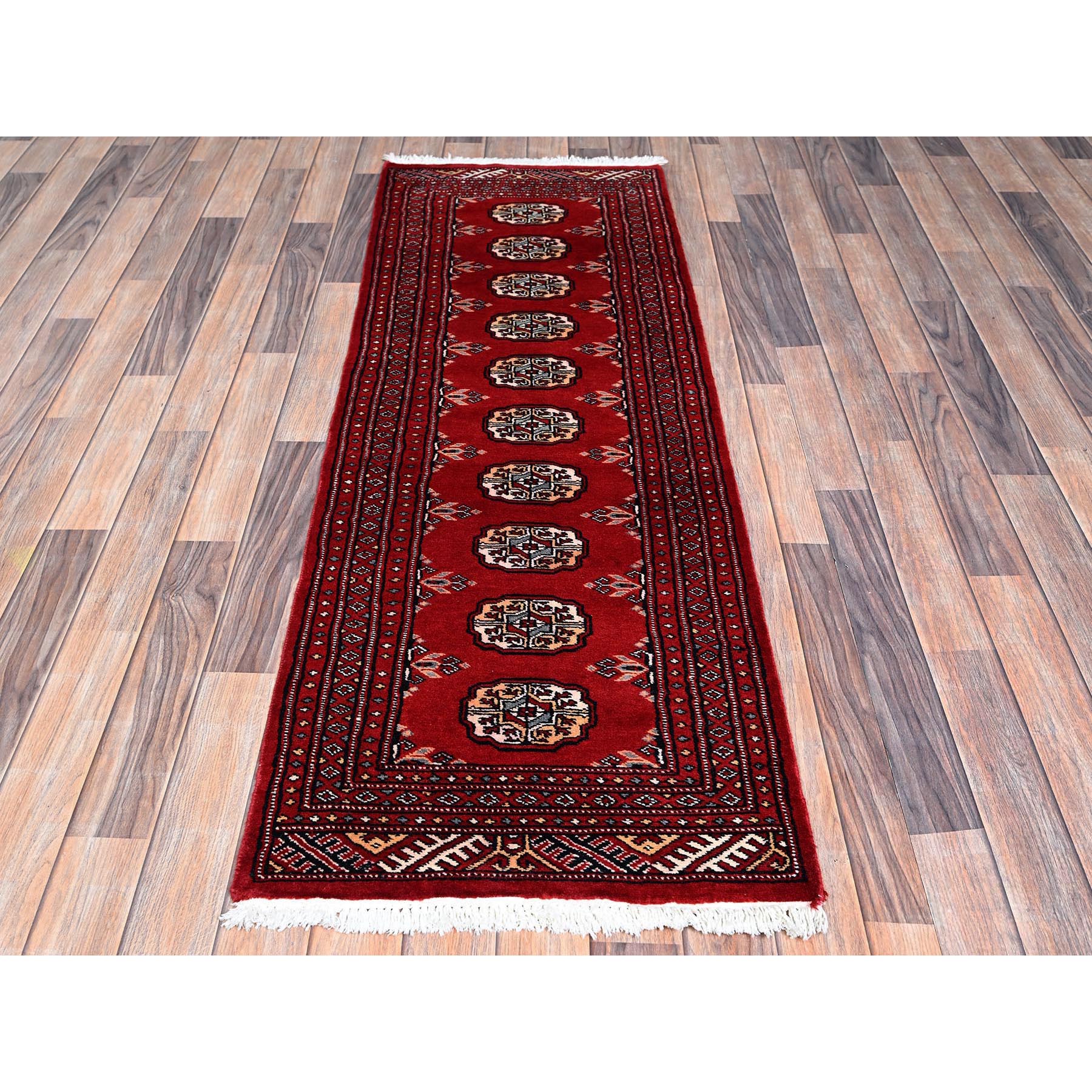 2'1"x6' Crimson Red, Princess Bokara with Tribal Medallions, Natural Dyes, Hand Knotted, Soft Wool, Short & Narrow Runner, Oriental Rug Sh1300