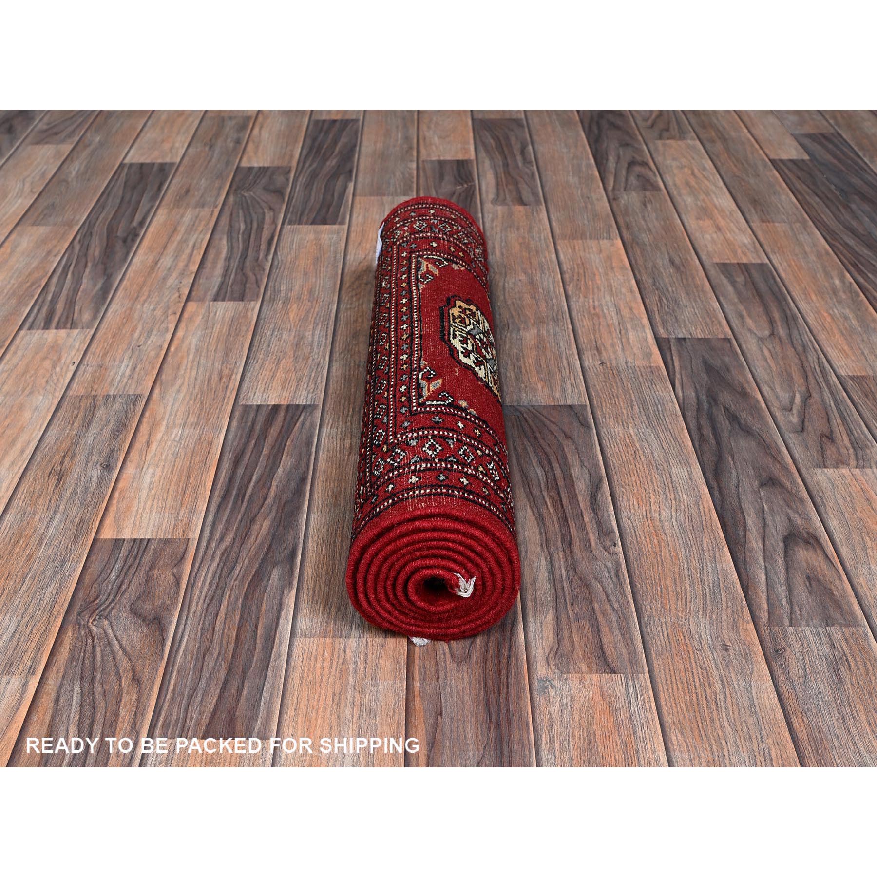 2'1"x6' Crimson Red, Princess Bokara with Tribal Medallions, Natural Dyes, Hand Knotted, Soft Wool, Short & Narrow Runner, Oriental Rug Sh1300